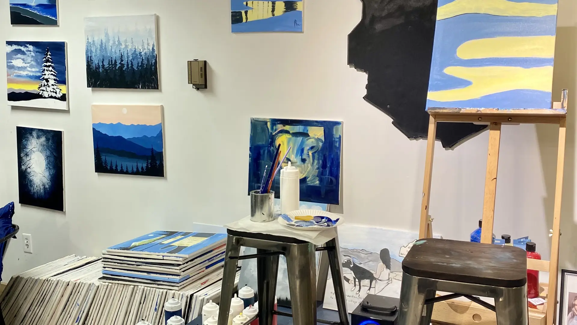 blue and yellow added to the canvas