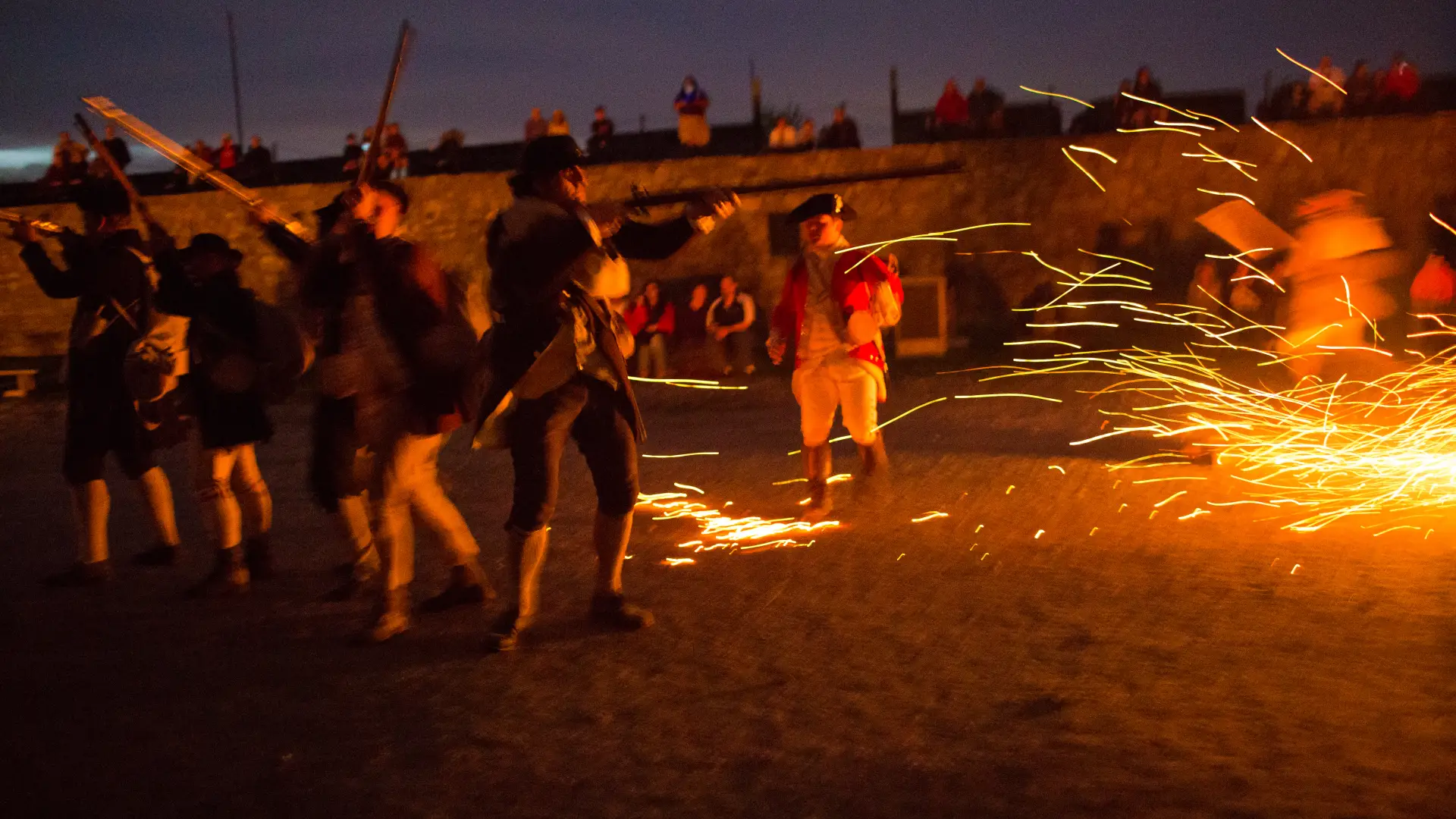 Revolutionary war reenactment at dusk