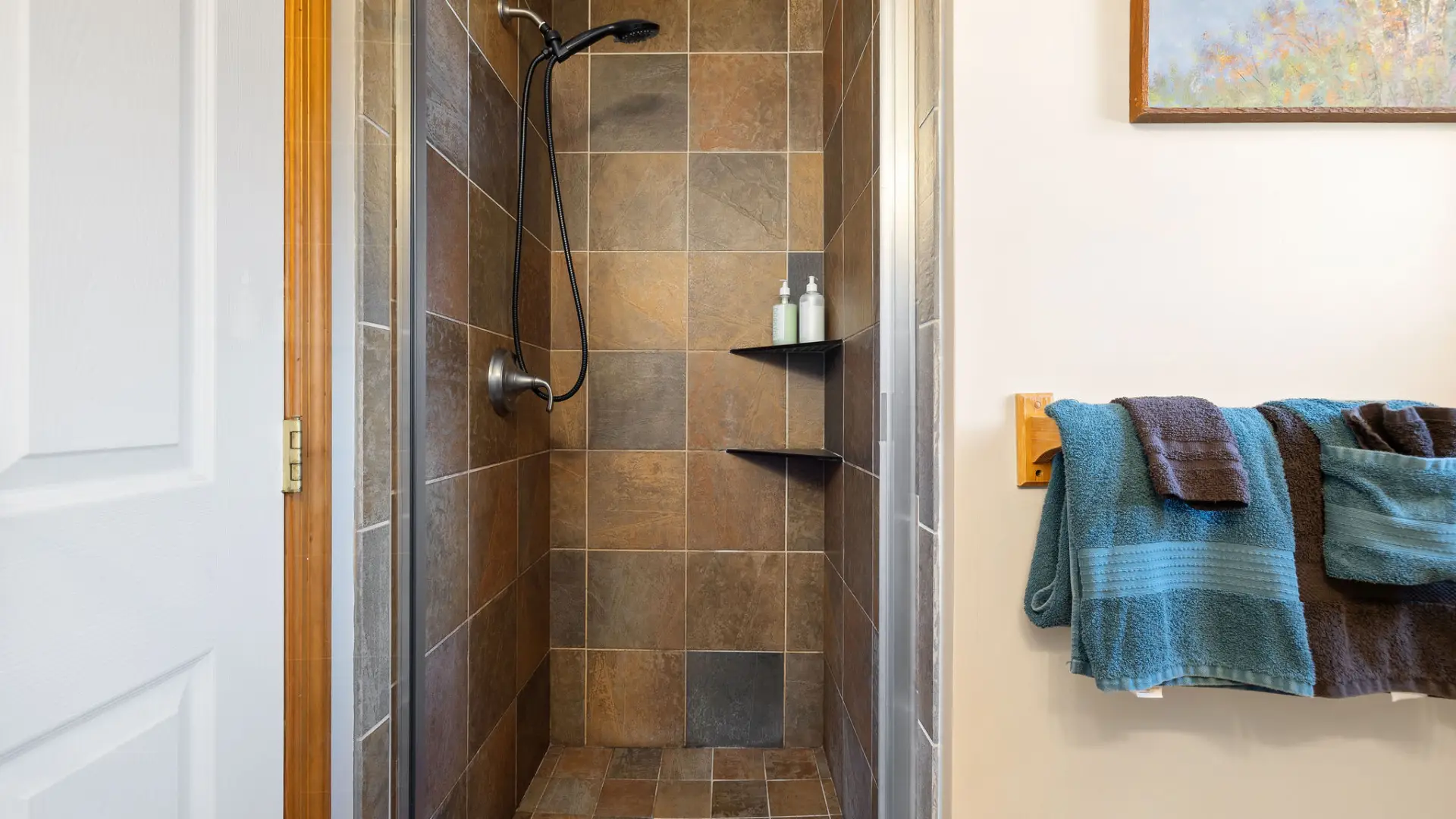 The shower space at Lake Placid Pinehill Townhouse.