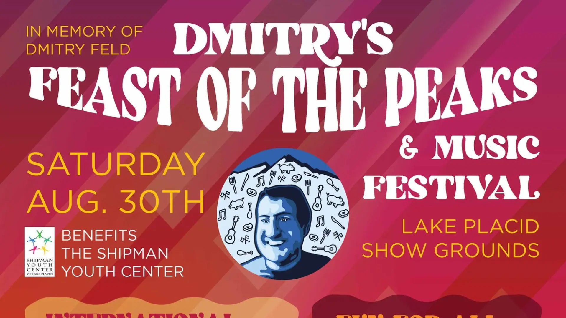 Dmitry's Feast of the Peaks event poster with bright orange and red background and lots of text