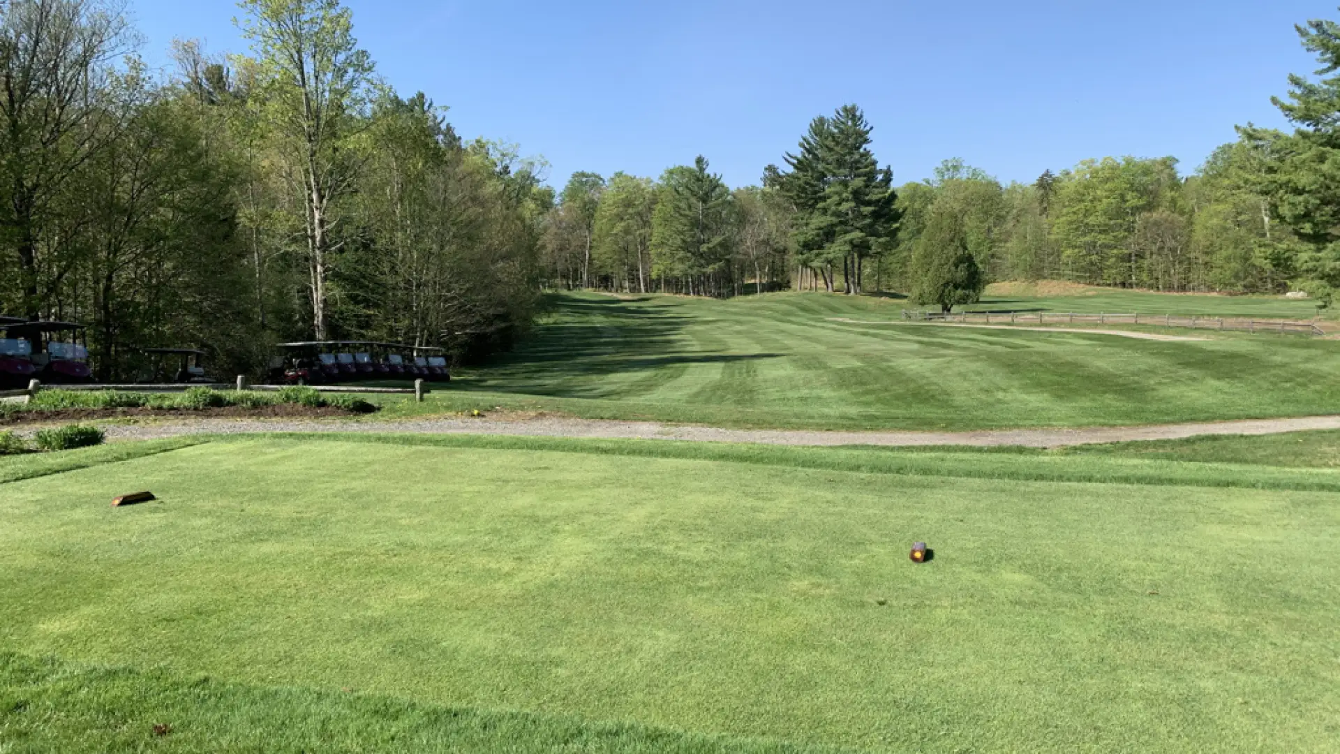 The #1 tee and fairway at Whiteface Resort in the sunshine, with trees all around.