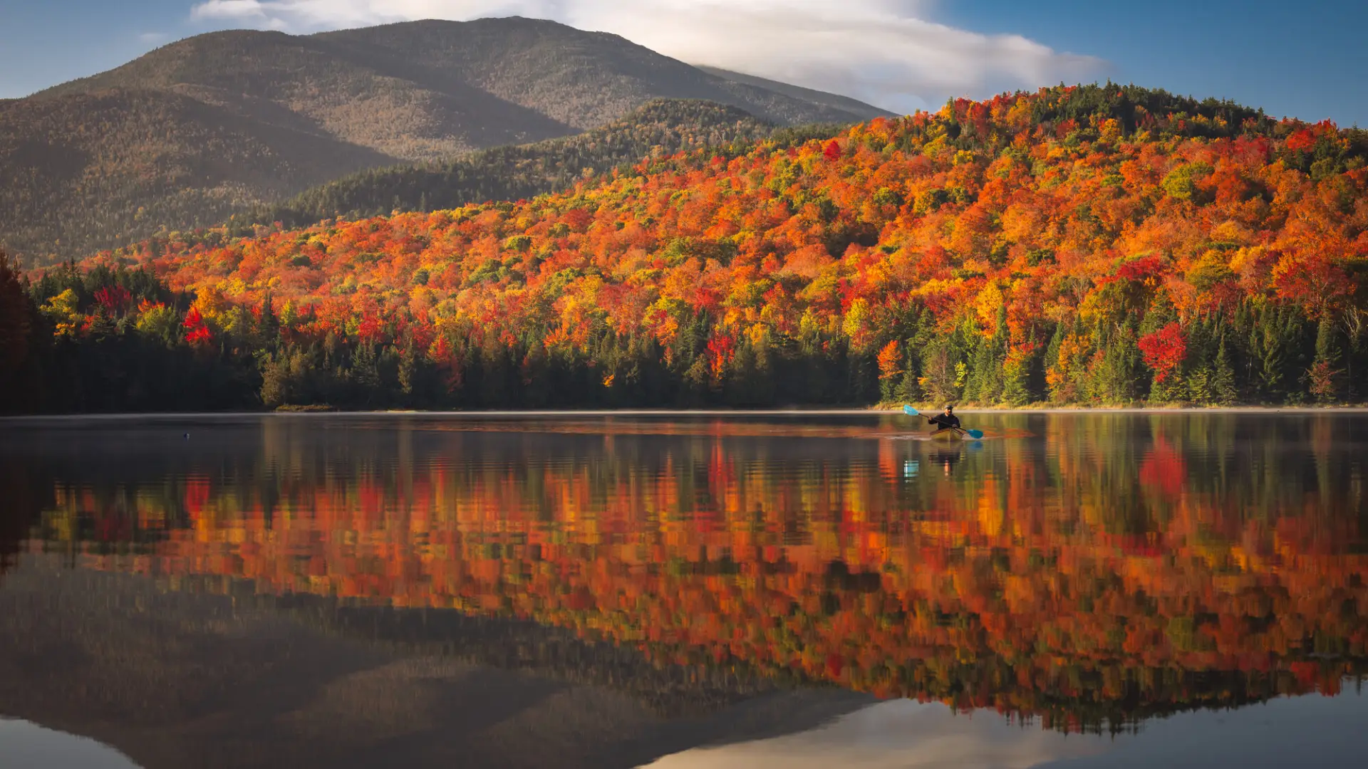 Fall view of a pond reflecting trees and mountains