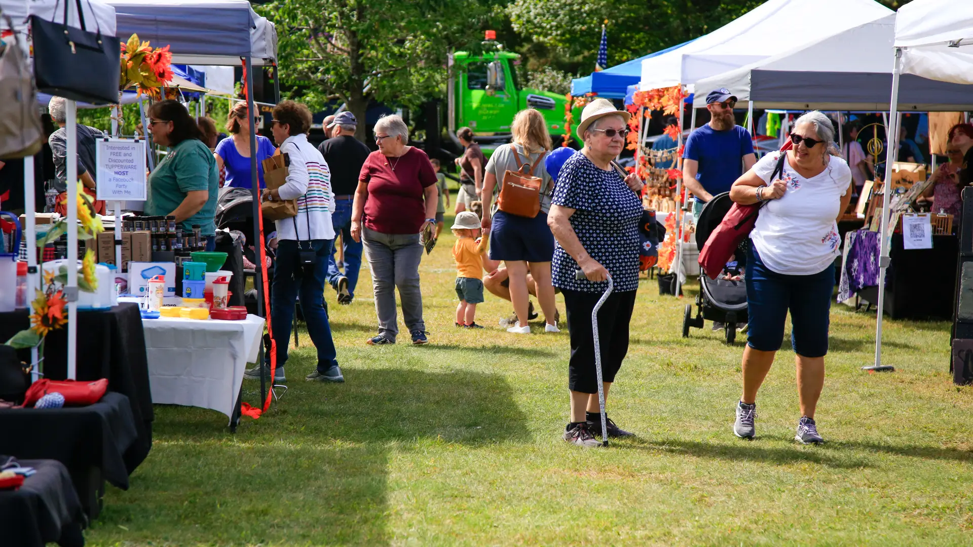 People walk around outdoor festival with some stopping at vendor tents