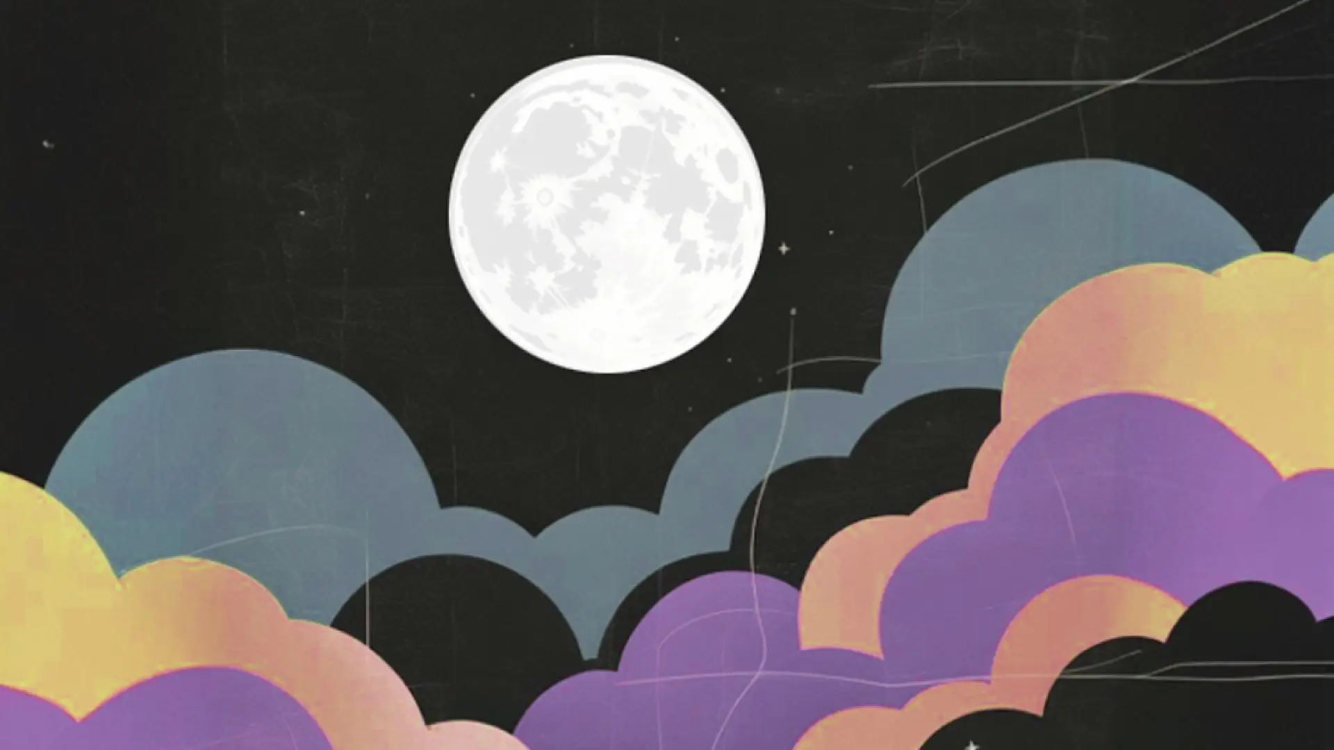 Graphic image of moon in black sky surrounded by multi-colored clouds