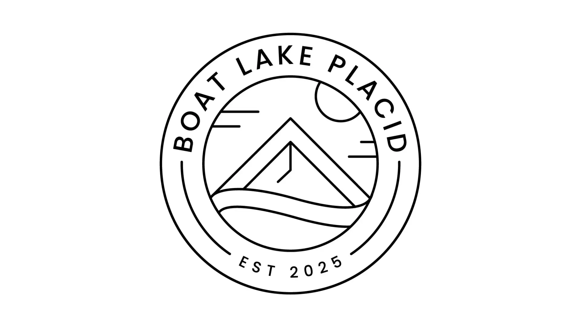 Round logo for Boat Lake Placid with a Wave, Mountain and sun in the center.  Black lines with white background.