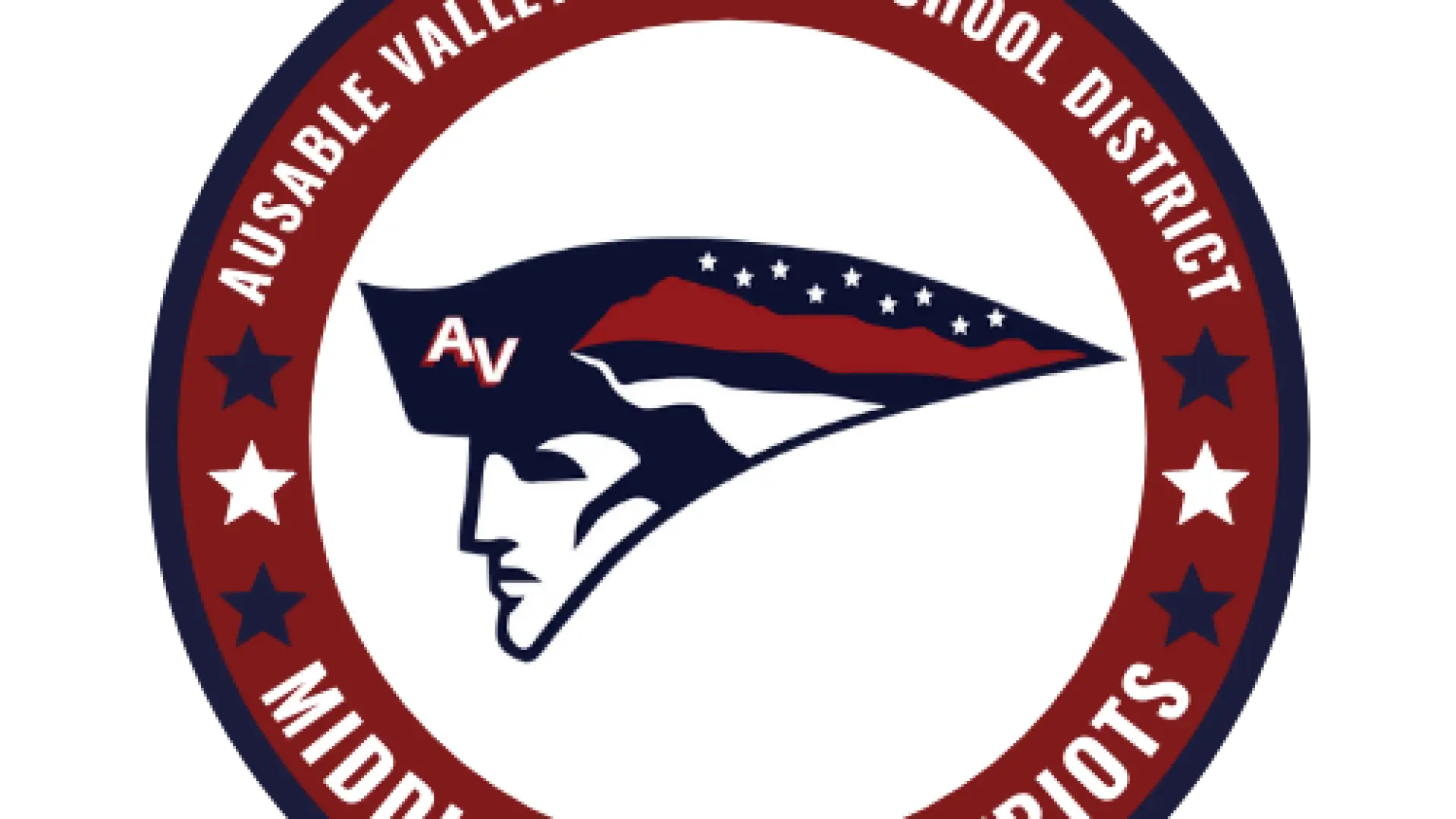 A circular badge with a profile of a man with a colonial hat that is striped red, white and blue with stars and the text 'Ausable Valley Central School District, Middle School Patriots'