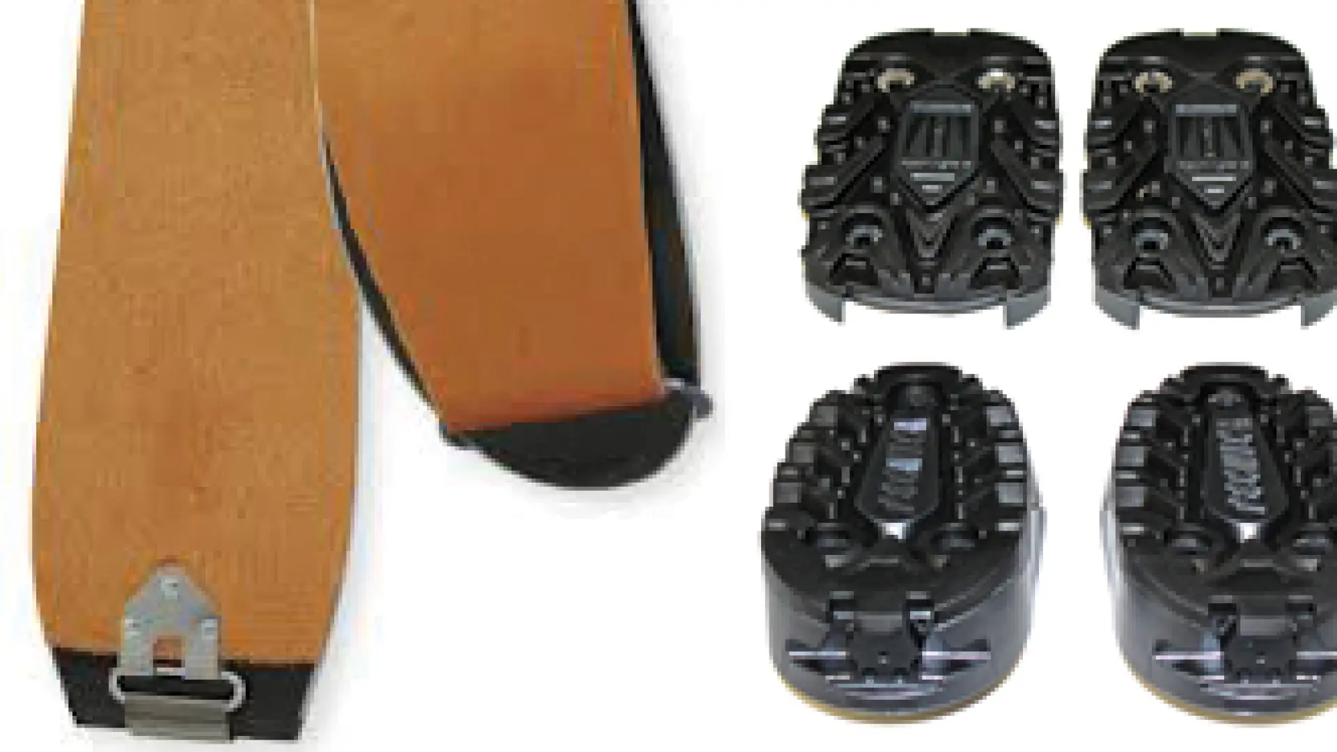 Pictured left to right: split board&#44; ski skins&#44; Tech Sole&#44; Marker Duke Binding