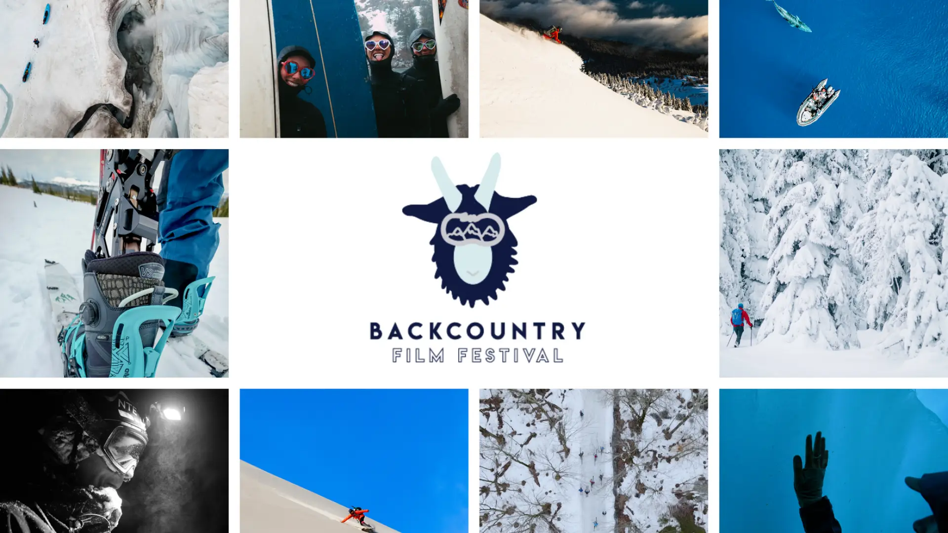Collage of outdoor adventure images in a square pattern with Backcountry Film Festival logo in center