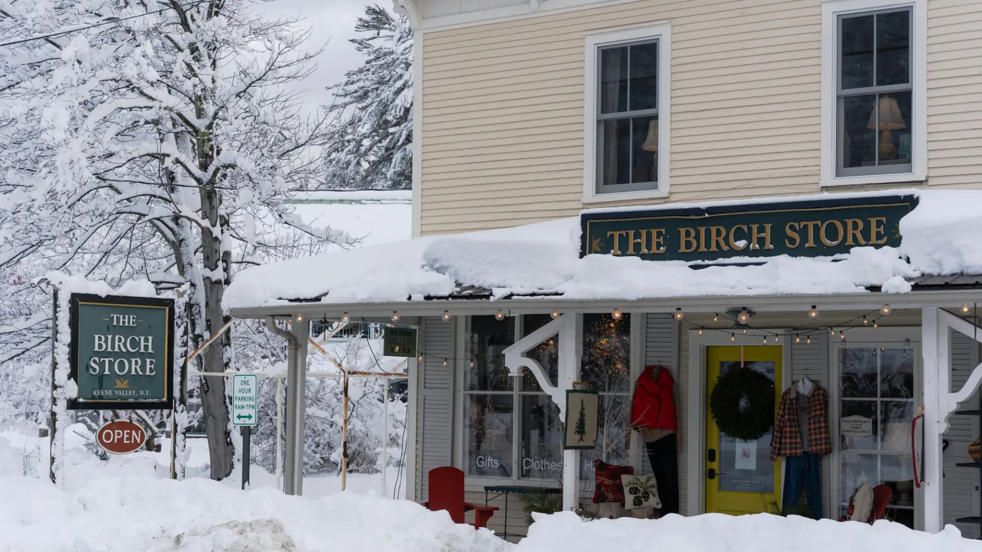 Exterior of Birch Store in winter covered in snow
