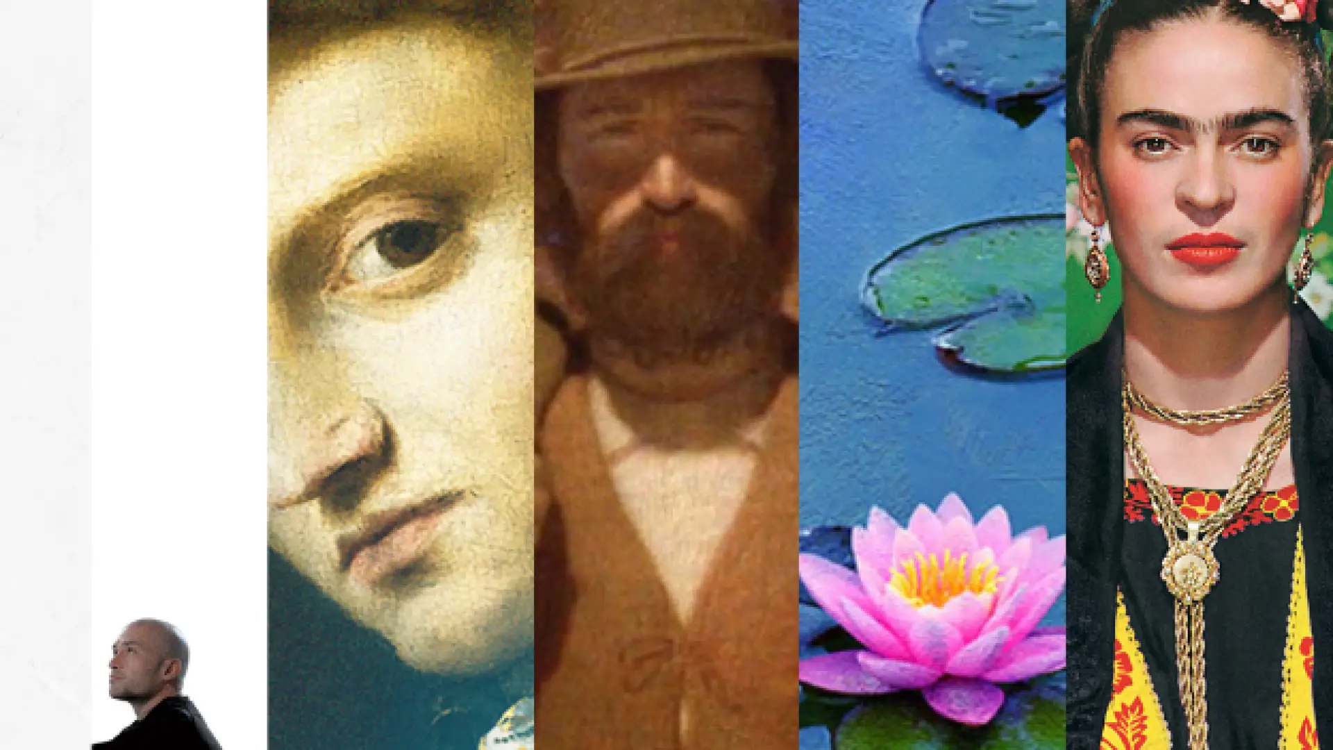 A vertical collage featuring five distinct art-related segments.