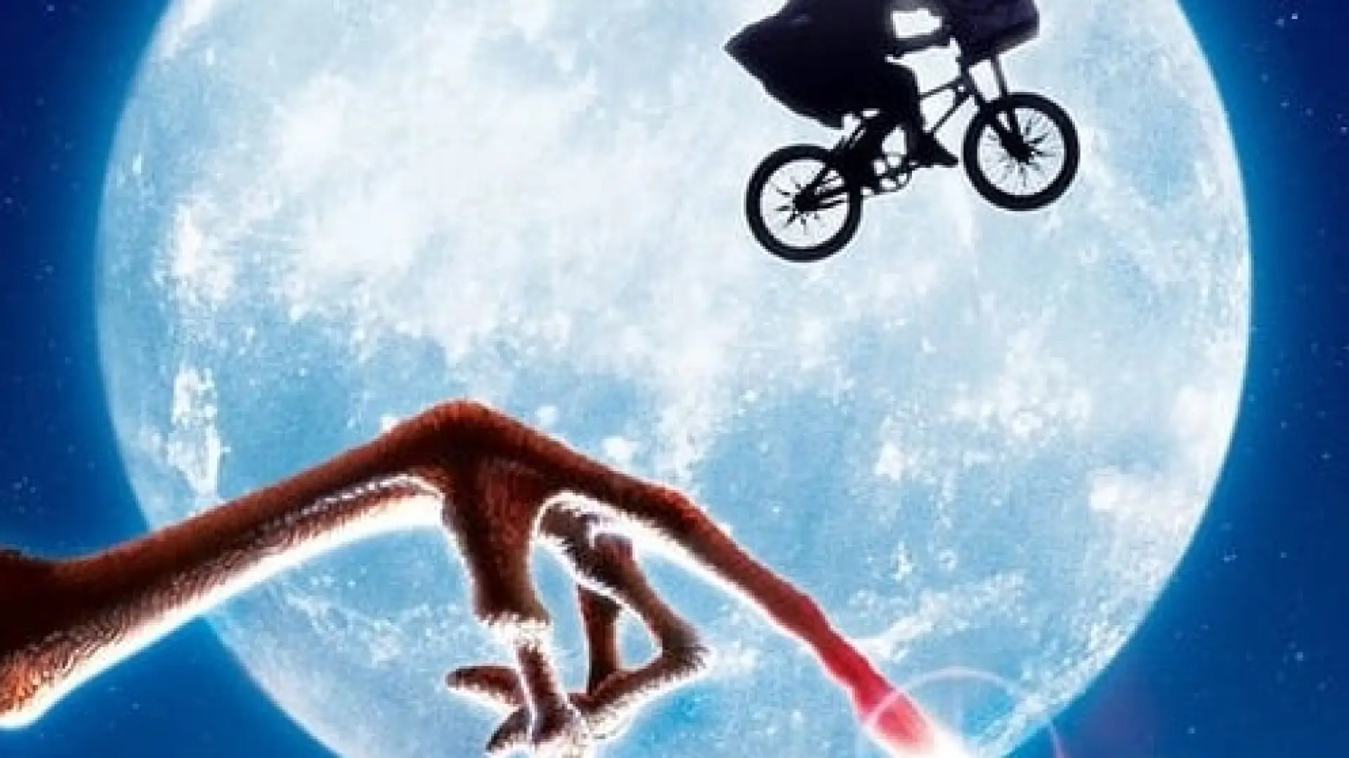 A graphic from the movie E.T. the extra-terrestrial, showing the moon as a backdrop to Elliott riding his bicycle with E.T. in the basket