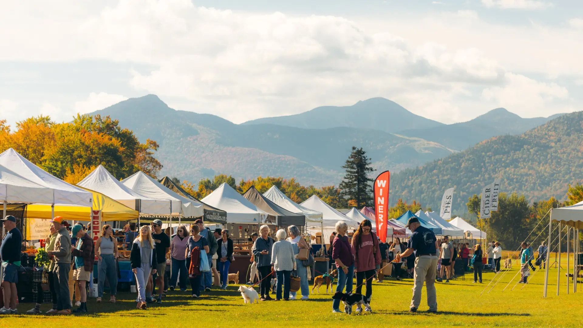A farmers market in Lake Placid and Keene Valley area with multiple vendors, people walking, and mountain views.