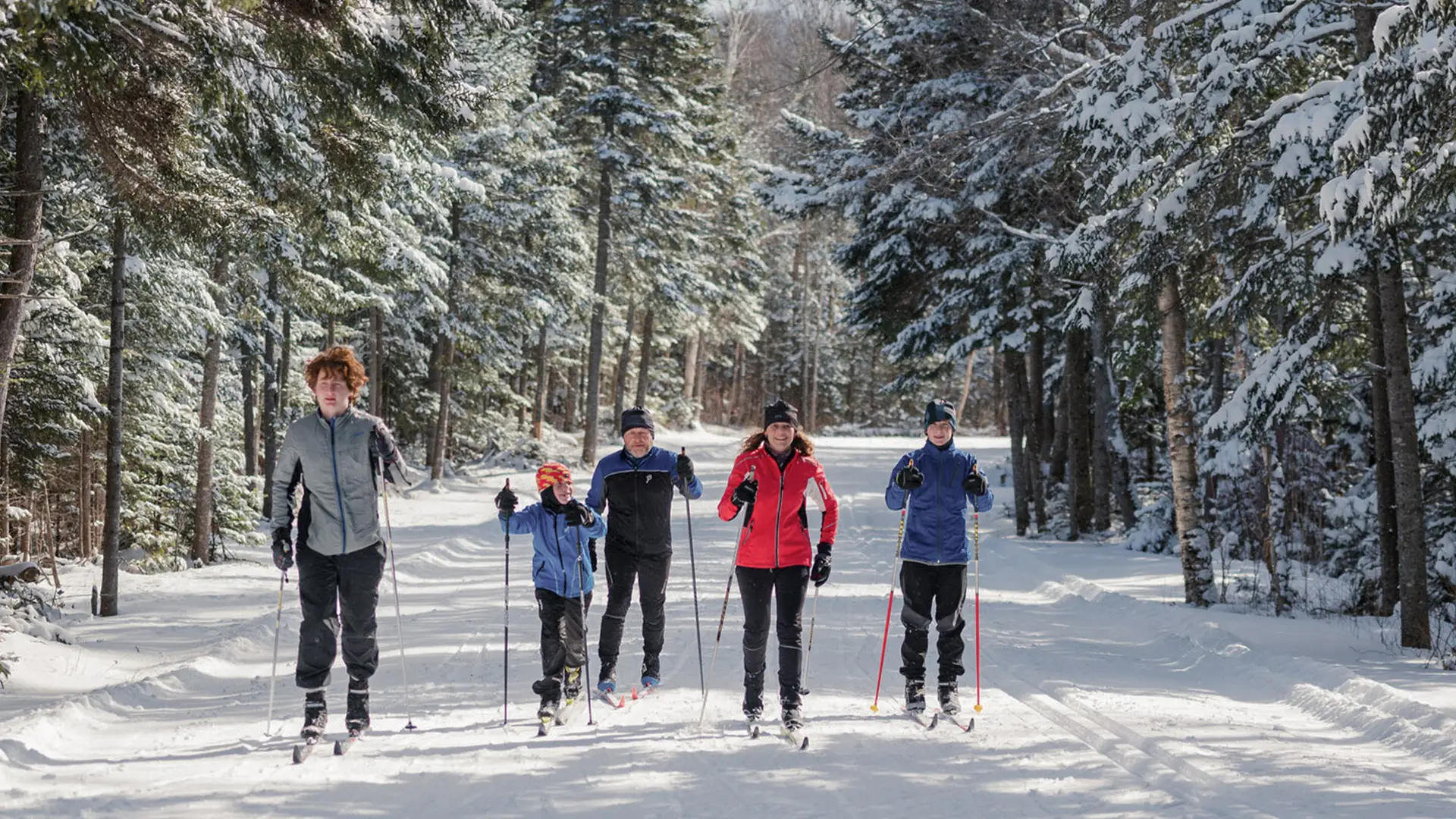 A family skis together on a wide snowy trail. 