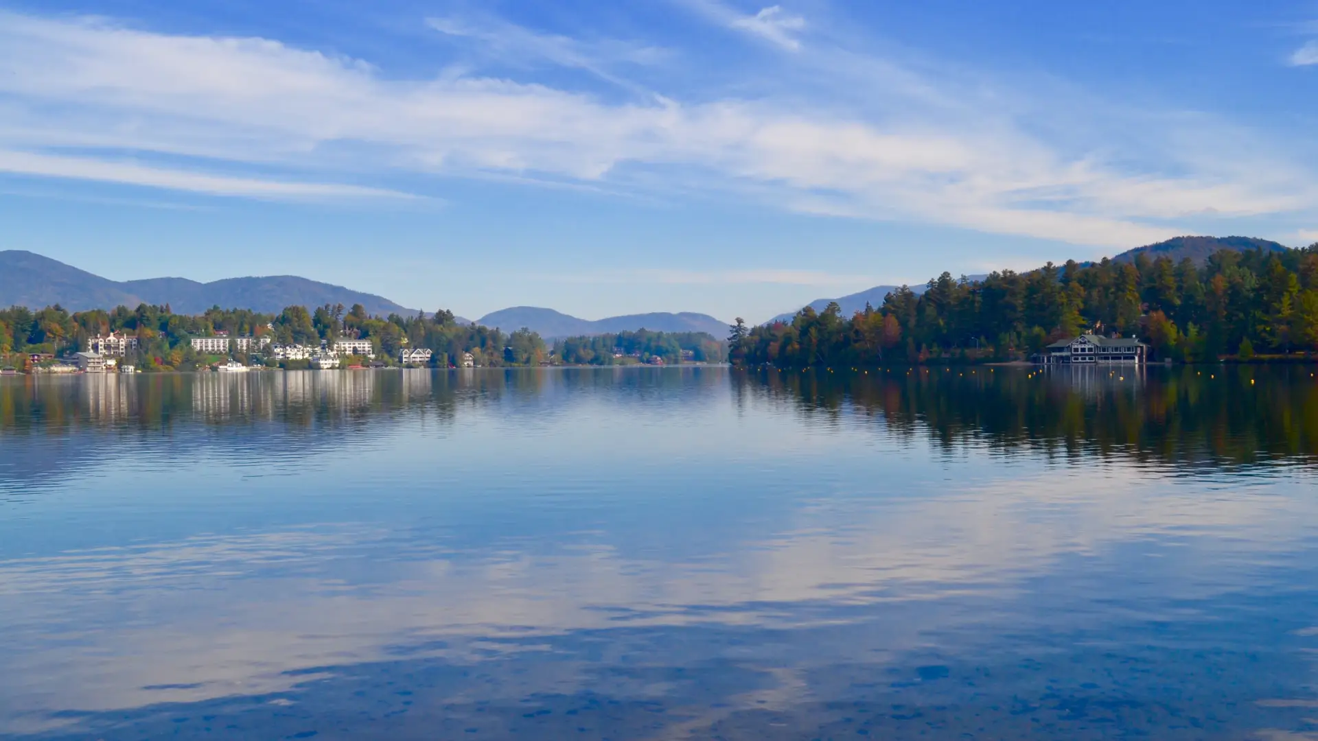 A lake reflects the partly-cloudy sky.