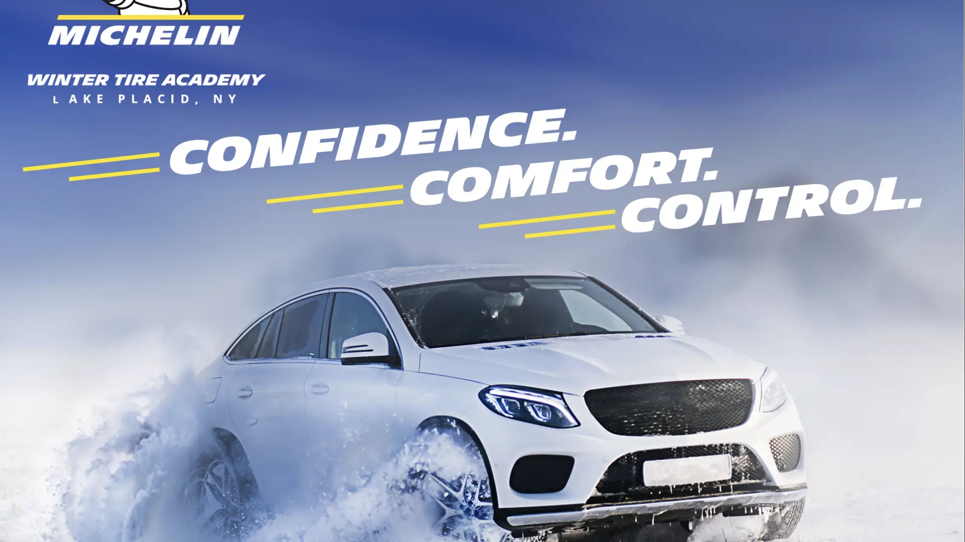 White sedan drives through snow with Confidence, comfort, & control above in bold text & Michelin Winter Tire Academy logo