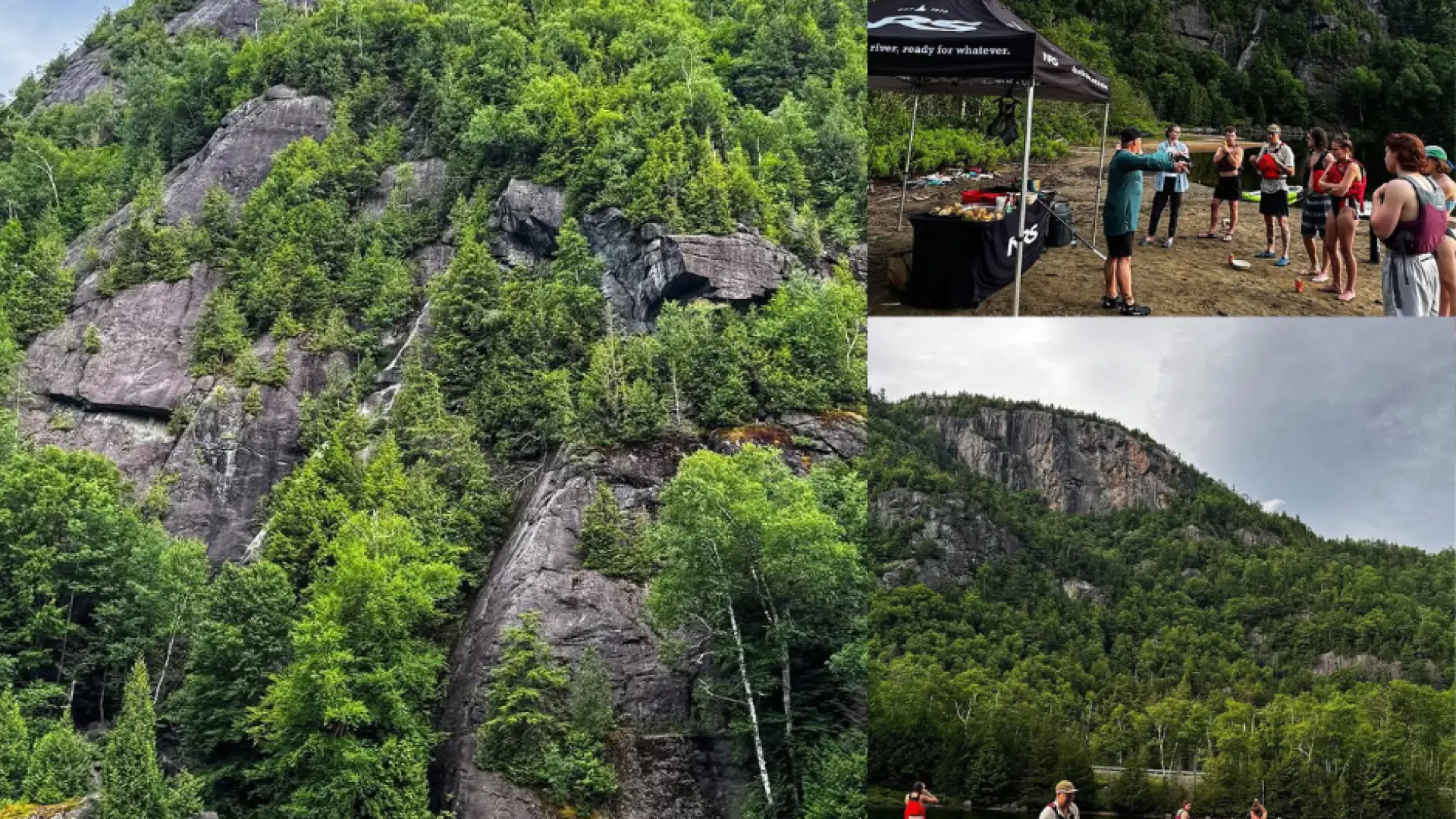 A collage of photos showing a group of people paddleboarding on a lake.