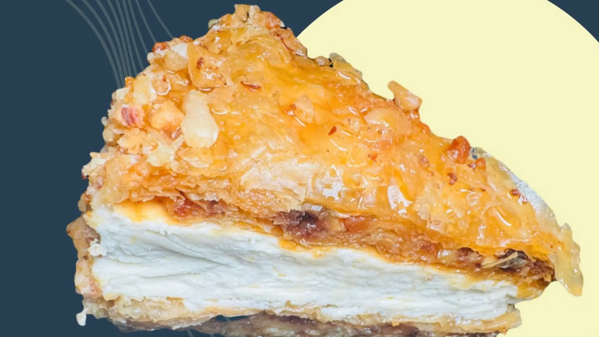 Baklava CheeseCake with walnut flaky phyllo and smooth cheesecake filling.