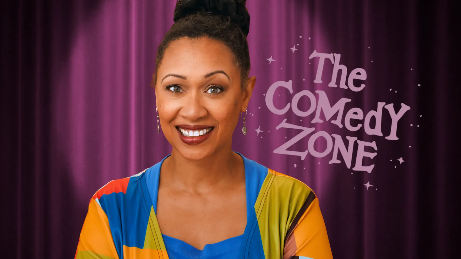 Image of comedienne superimposed in front of purple theater curtain with "The Comedy Zone" next to her head in lavender text
