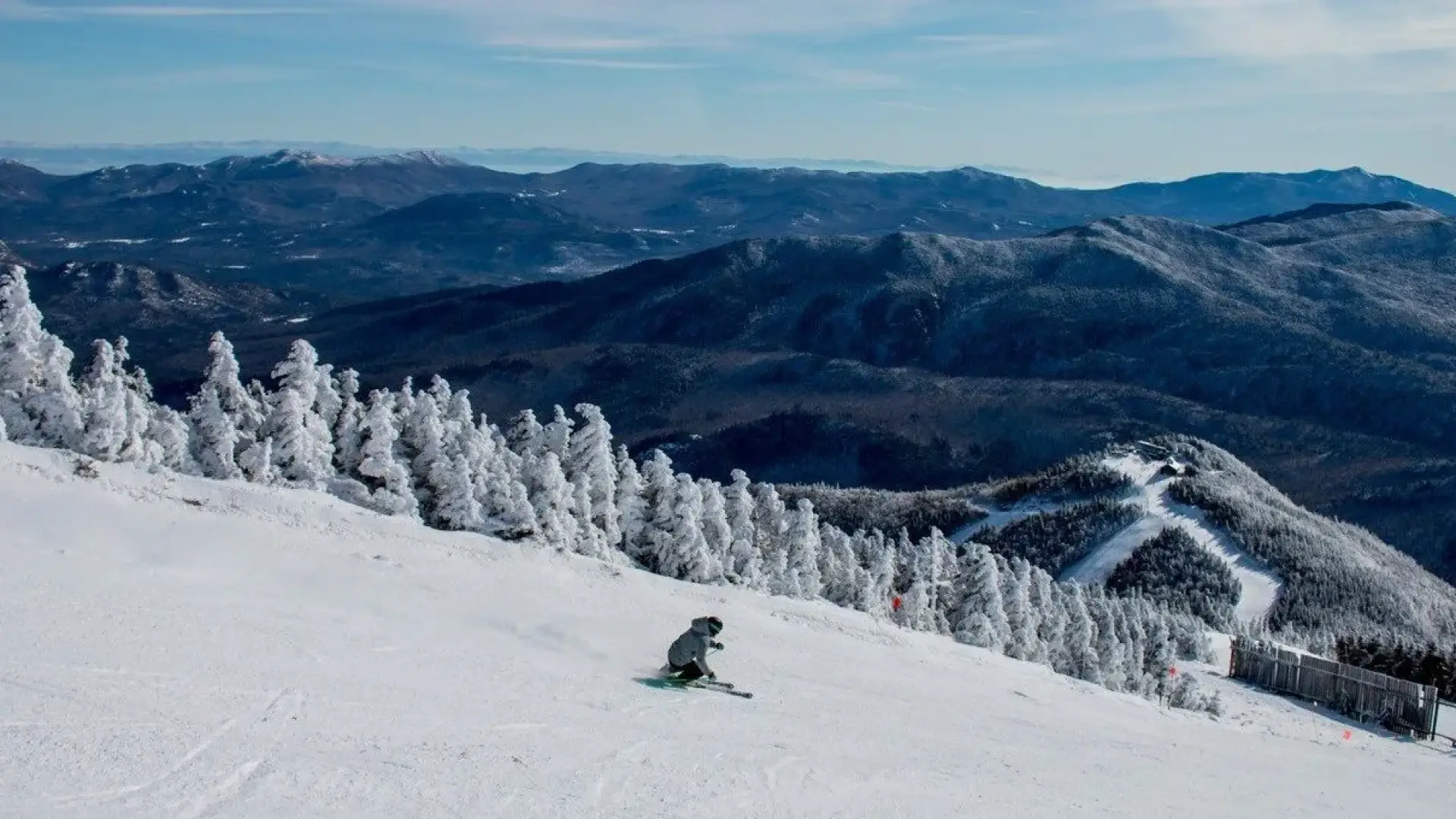 A skier descends the snowy slope with snow covered trees in the background.