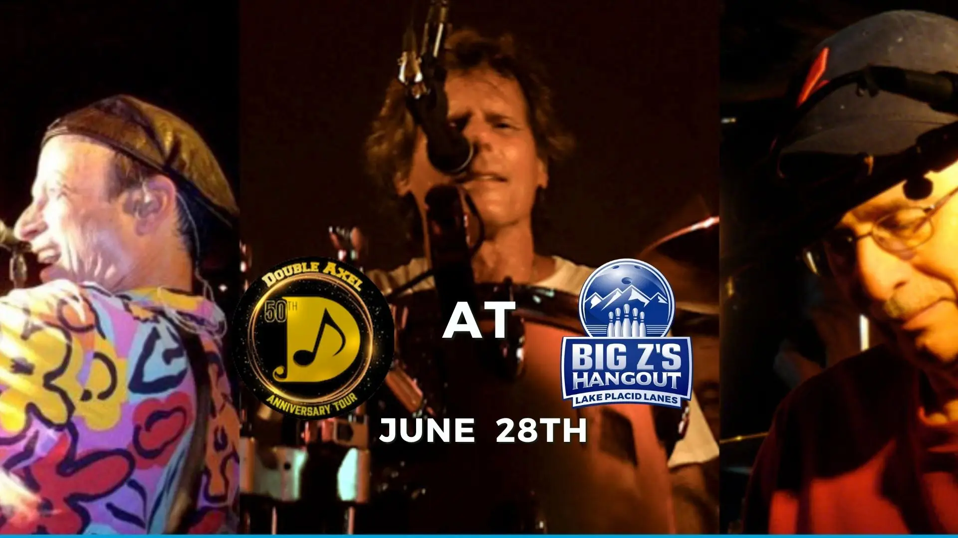 Double Axel's 50th Anniversary Tour at Big Z's Hangout, Lake Placid Lanes, June 28th.  Three band members are shown.