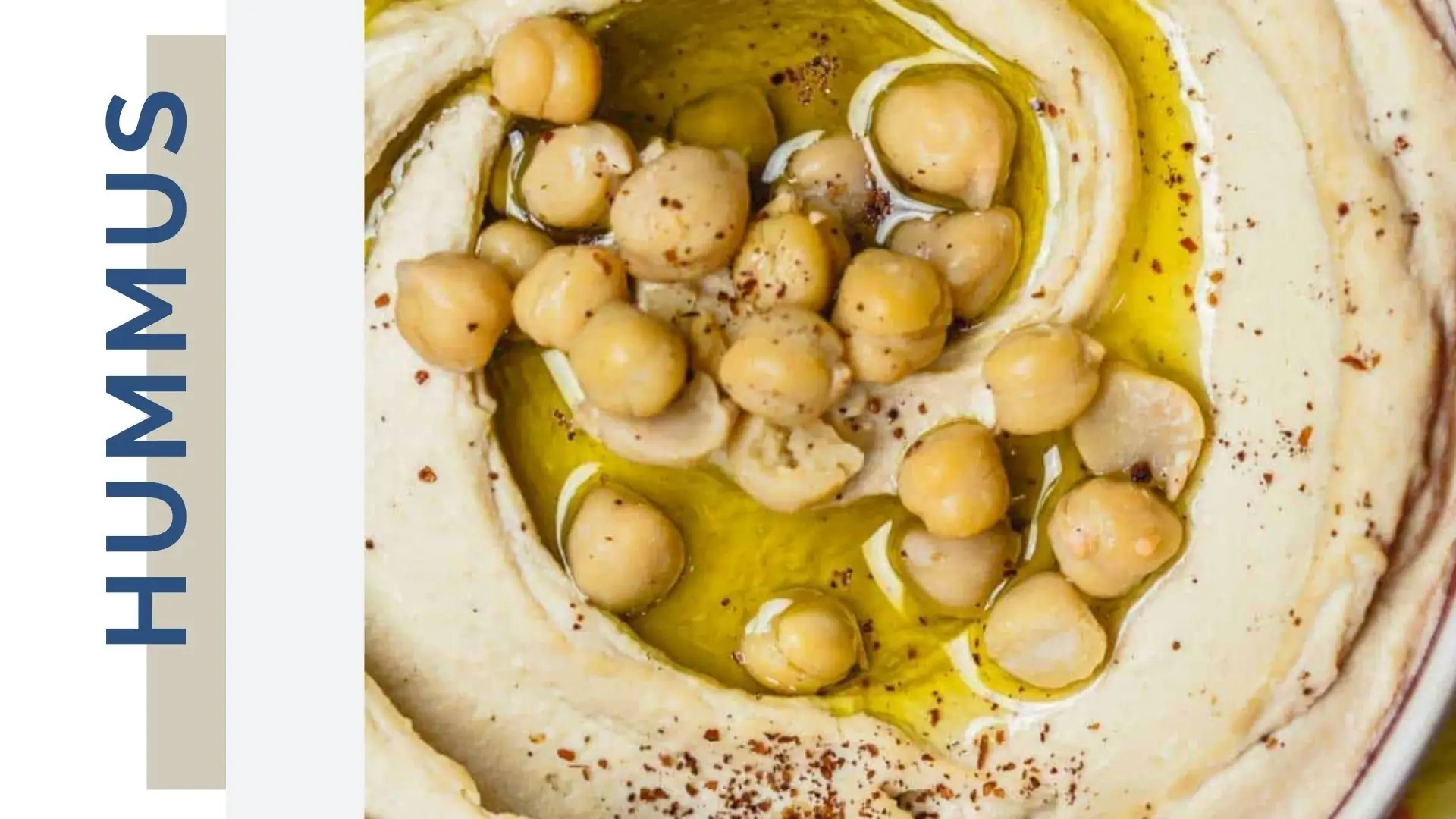 Smooth blended hummus topped with olive oil, chick peaks and sprinkled with spices.