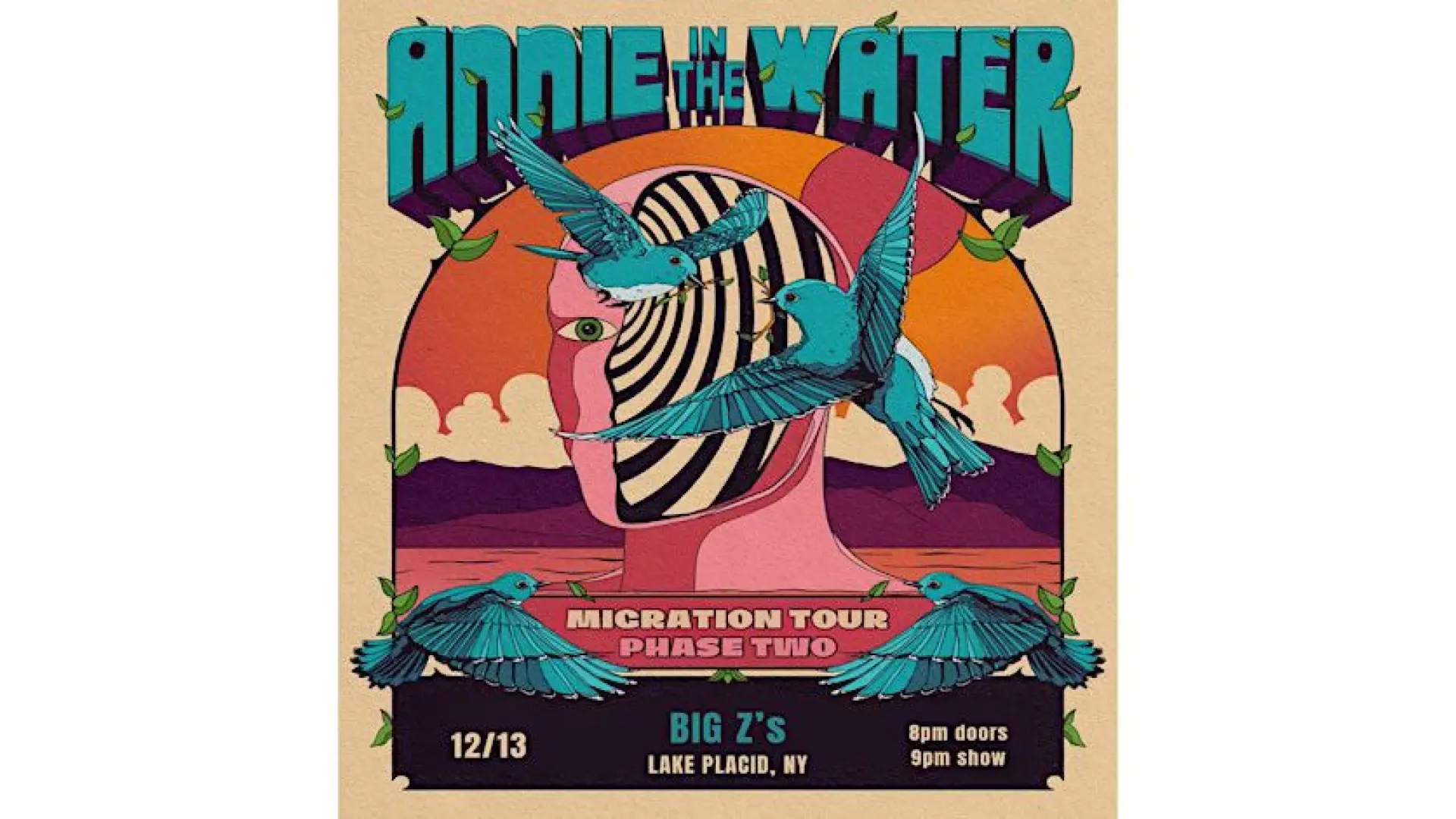 Poster for Annie in the Water's Migration Tour Phase Two at Big Z's in Lake Placid, NY on December 13th.  The poster features stylized artwork of a face, birds, and a sunset.