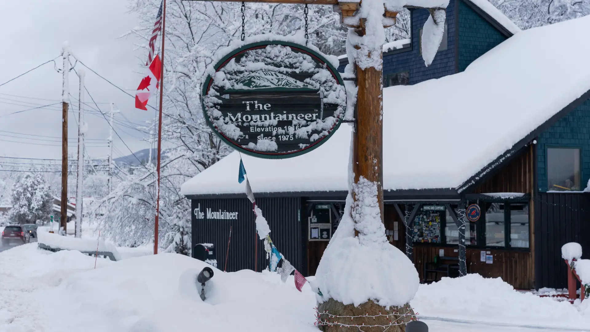 The outside of The Mountaineer in the winter