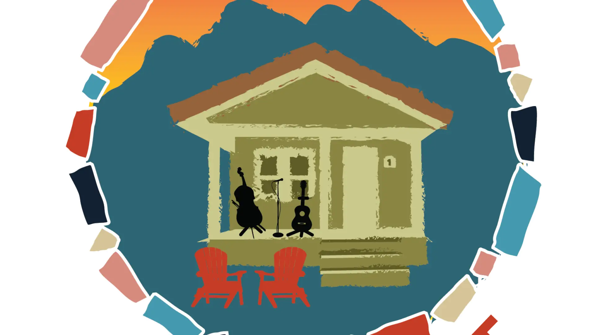 Saranae Lake Porchfest logo: A house with musical instruments on the porch, surrounded by a mosaic-like circle.