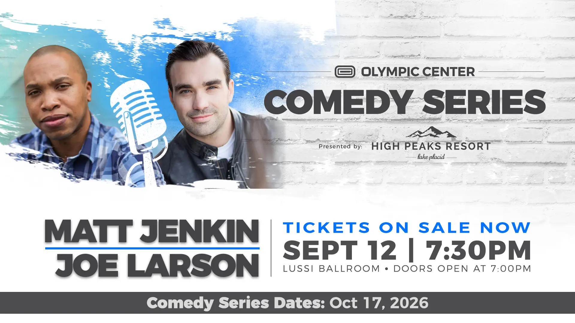 Header graphic with headshots for Matt Jenkin and Joe Larson with details about their comedy event night