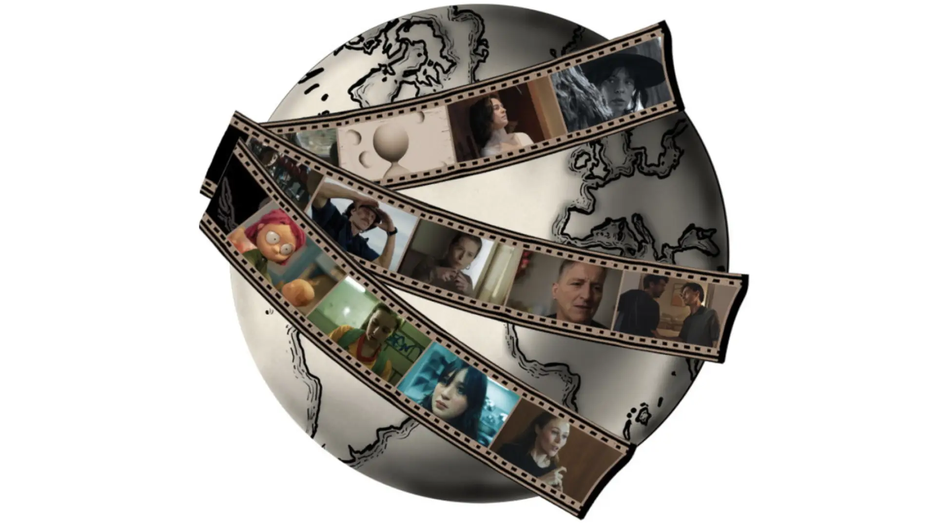 Graphic of the globe with three strips of film wrapped around it showing clips from short films in each frame
