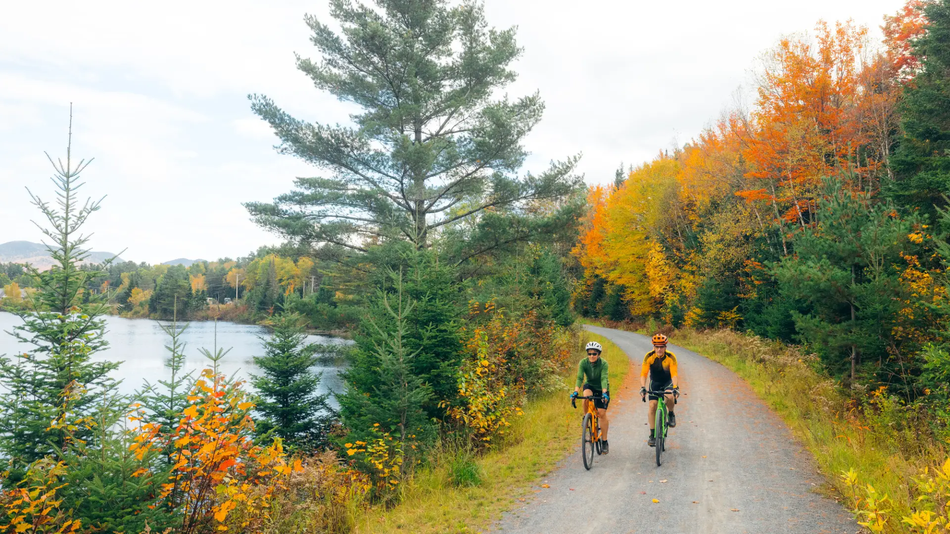 A couple bikers riding on the Adirondack Rail Trail in the fall.