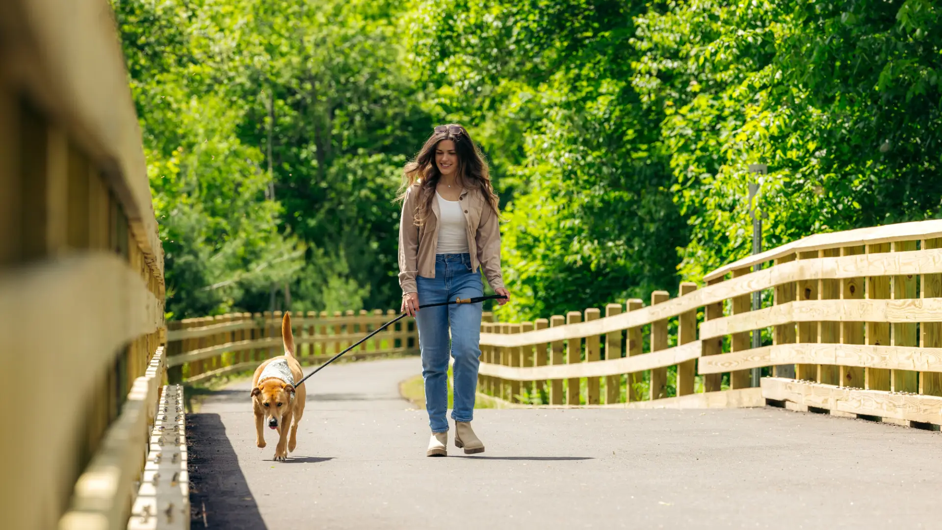 A woman walking her dog on the Rail Trail