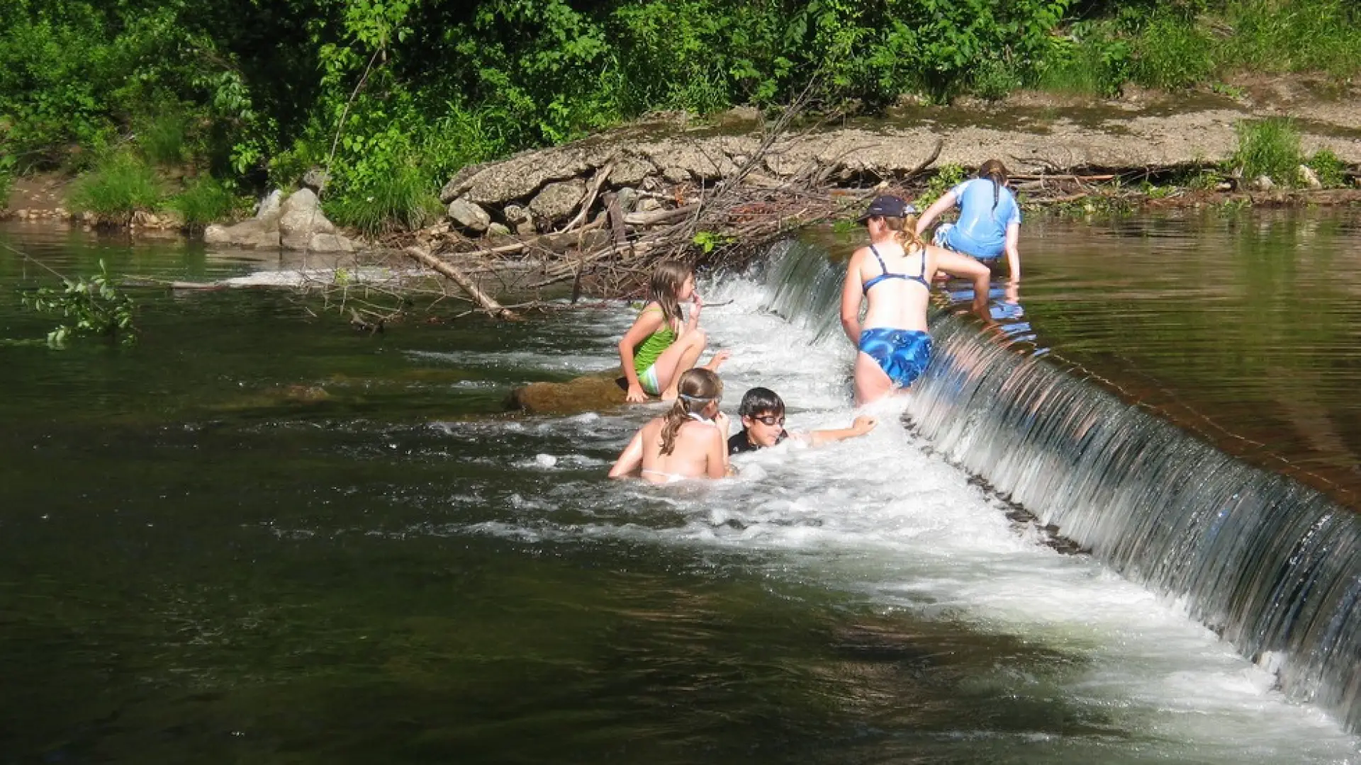 A few children swim in a slow-moving river