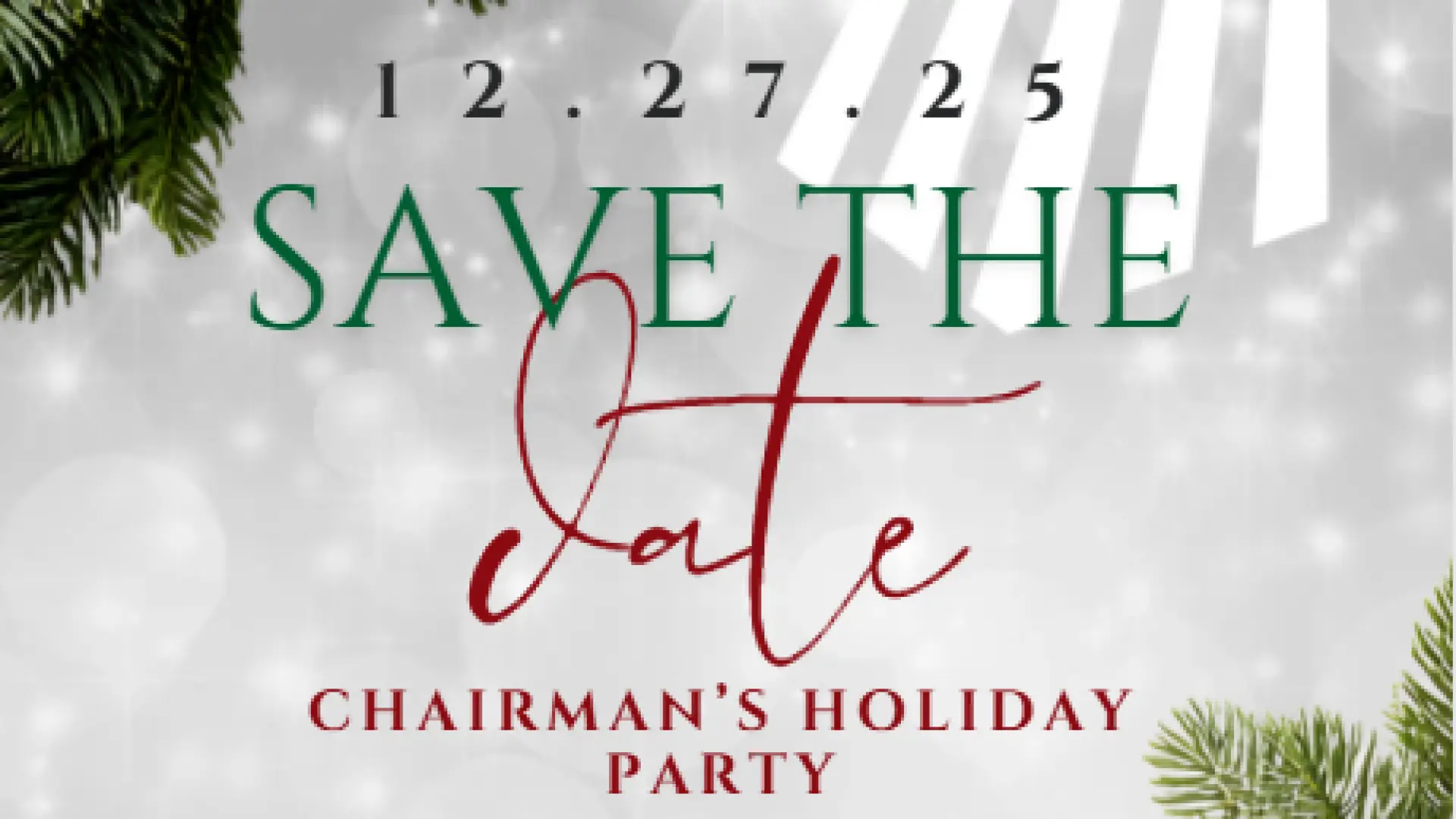 Save the Date graphic with snowy background, holiday greenery in the corners, and the NYSEF logo