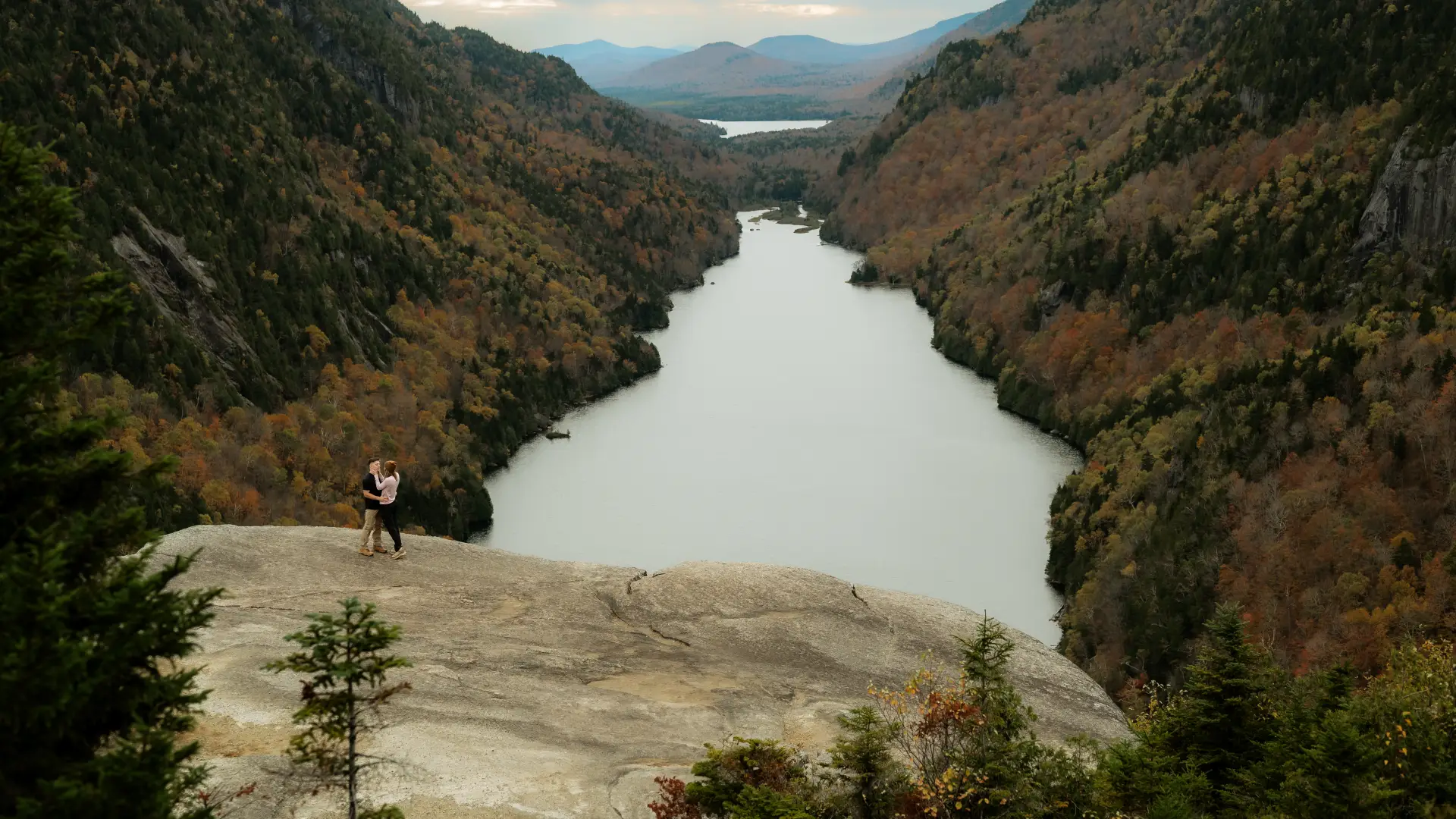 Looking out at a lake between two mountains