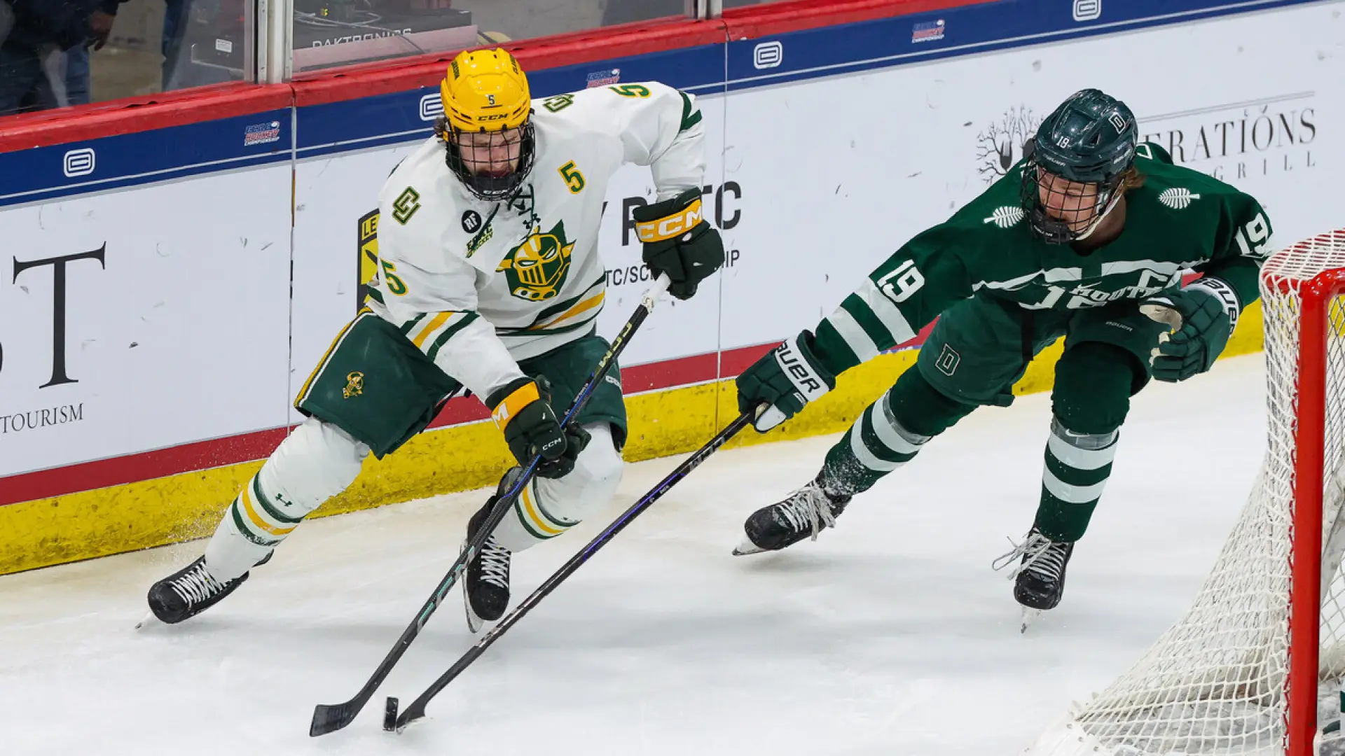 The image shows an indoor ice hockey arena filled with spectators. 