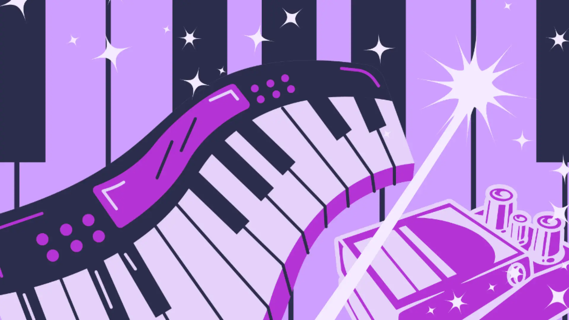 A purple keyboard with a guitar pedal and a magic wand, all set against a background of piano keys and sparkles.