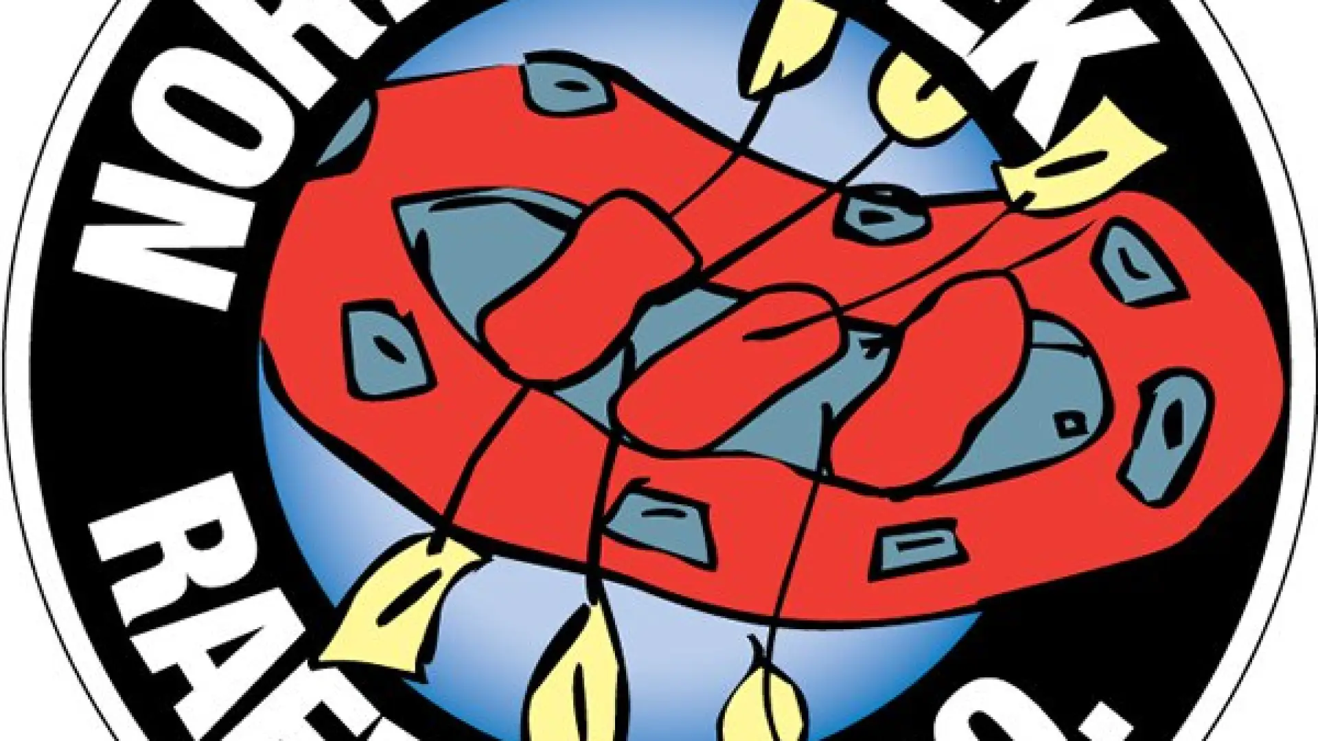 An illustration of a red raft with yellow paddles in a circle with the words North Creek Rafting Co
