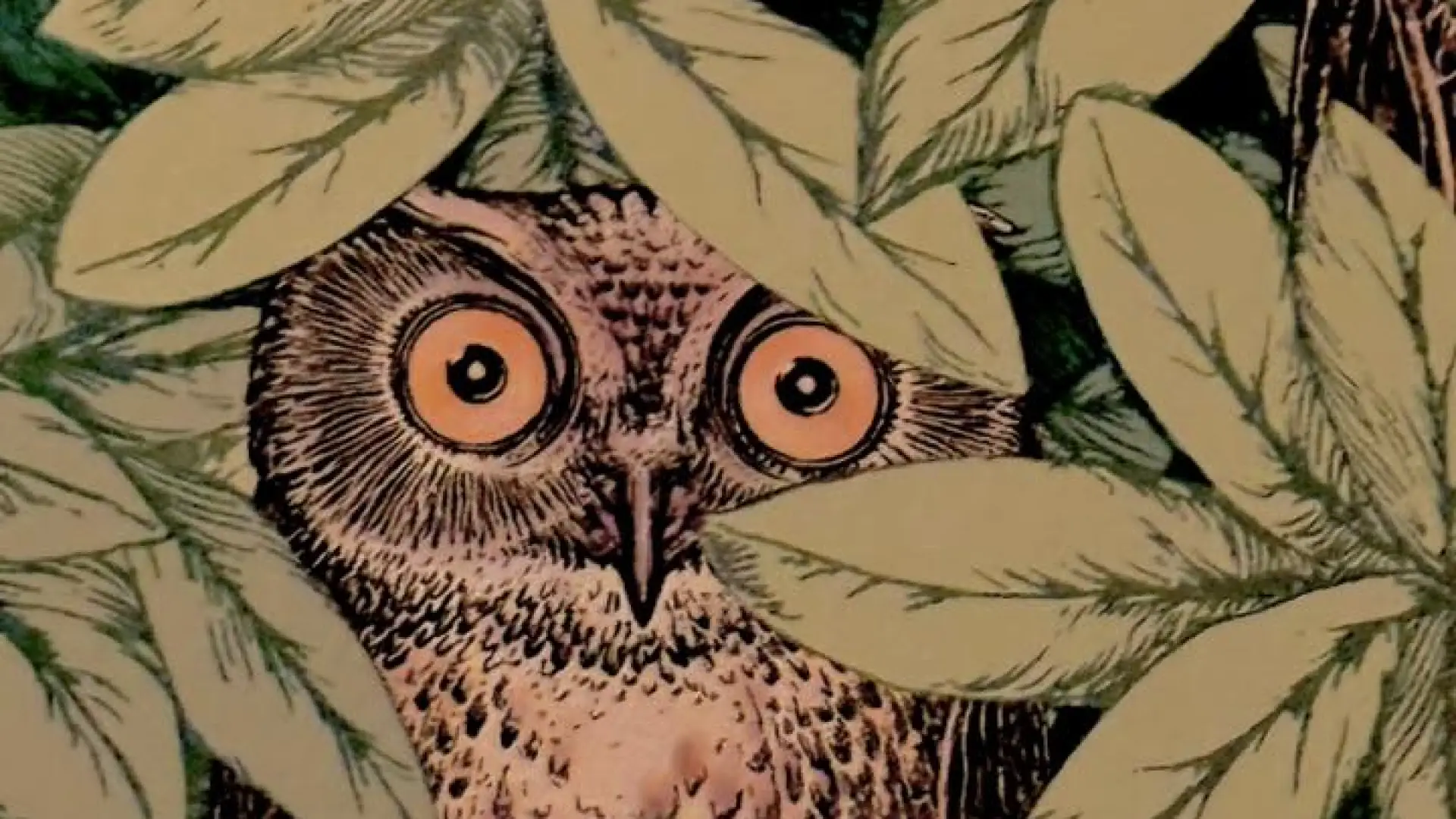 An illustration of an owl with golden eyes sitting, partially obscured by leaves.