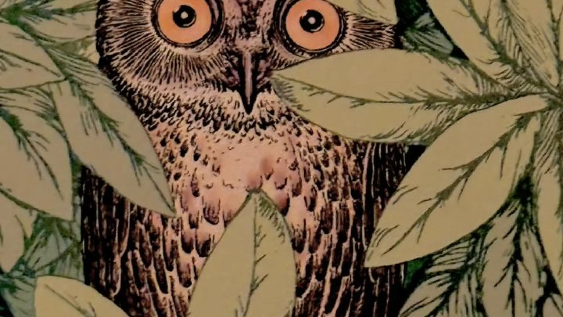 An illustration of an owl with golden eyes sitting, partially obscured by leaves.