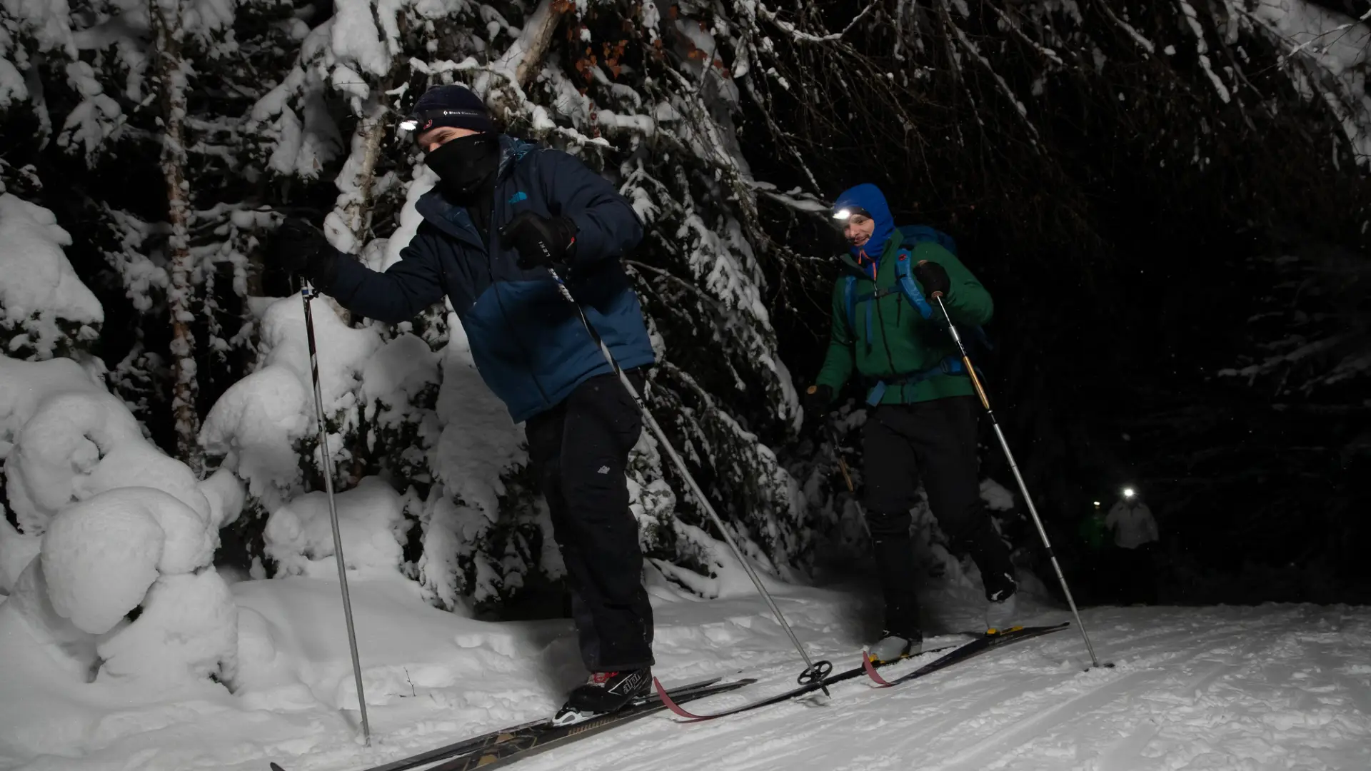 Cross-country skiing at night.