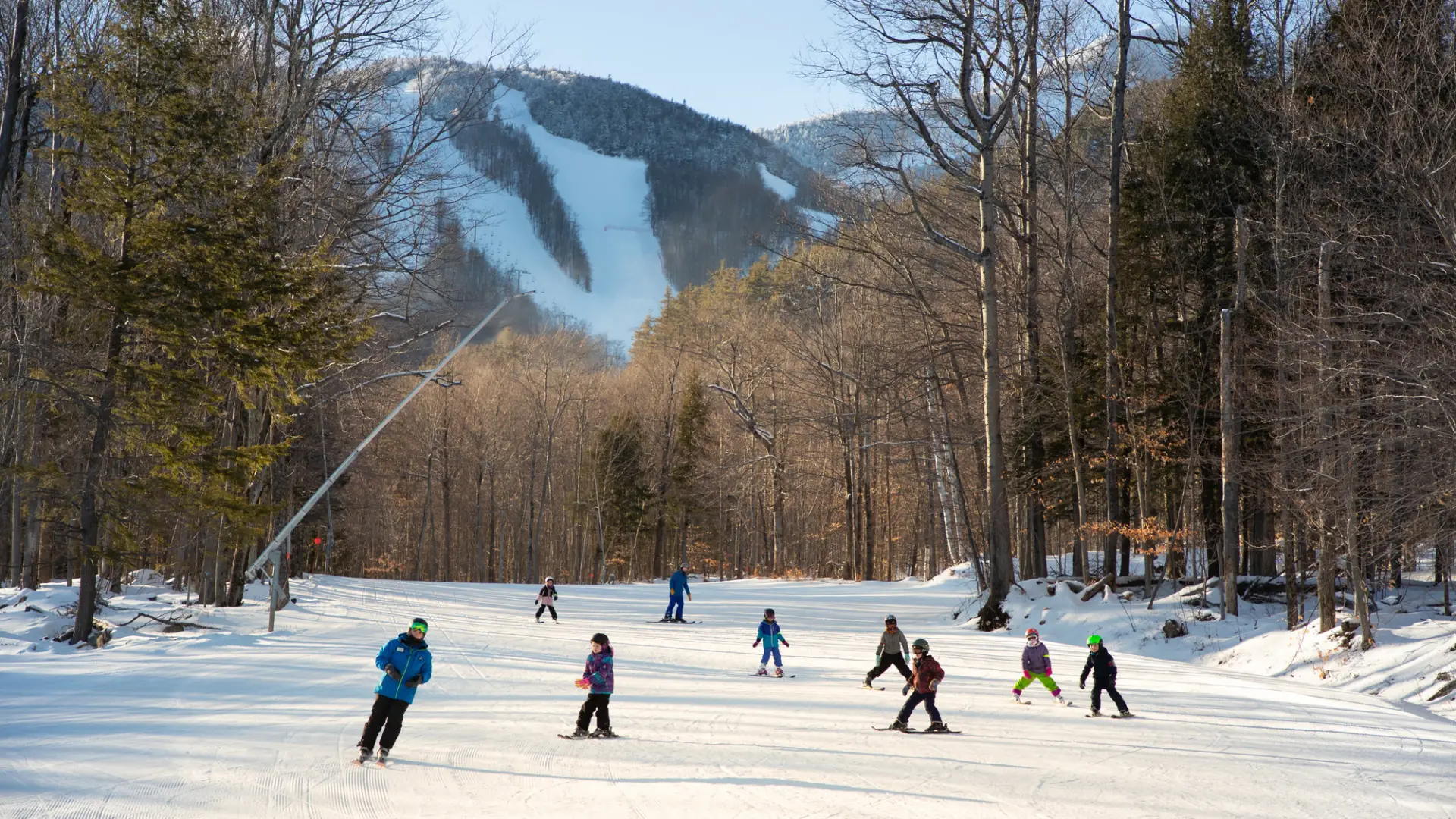 A group of kids skiing down an easy slope.
