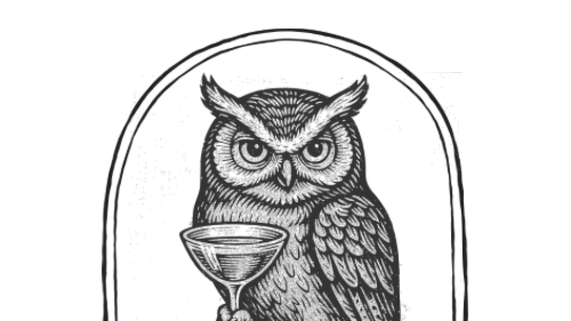 An illustration of an owl holding a martini glass surrounded by an arch