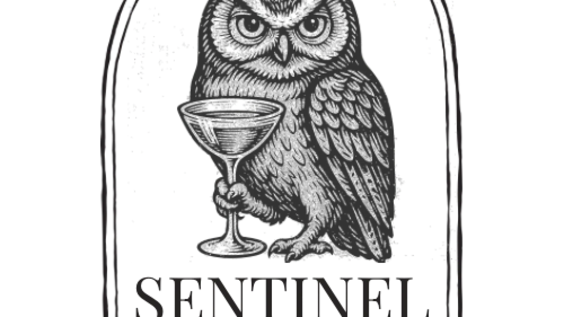 An illustration of an owl holding a martini glass surrounded by an arch
