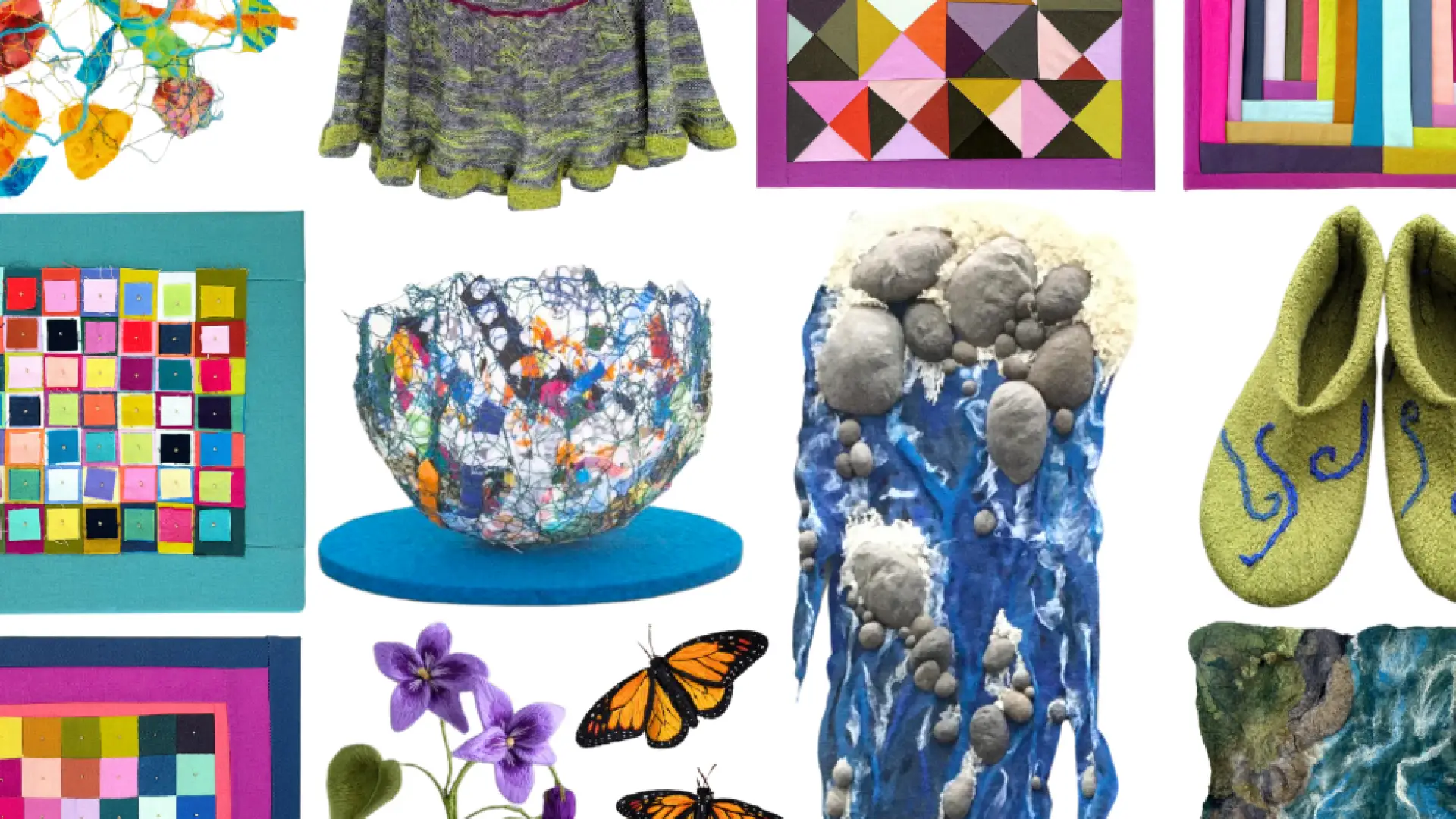 Collage of various textile artworks, including a knitted skirt, patchwork quilts, felted items, and embroidered pieces.