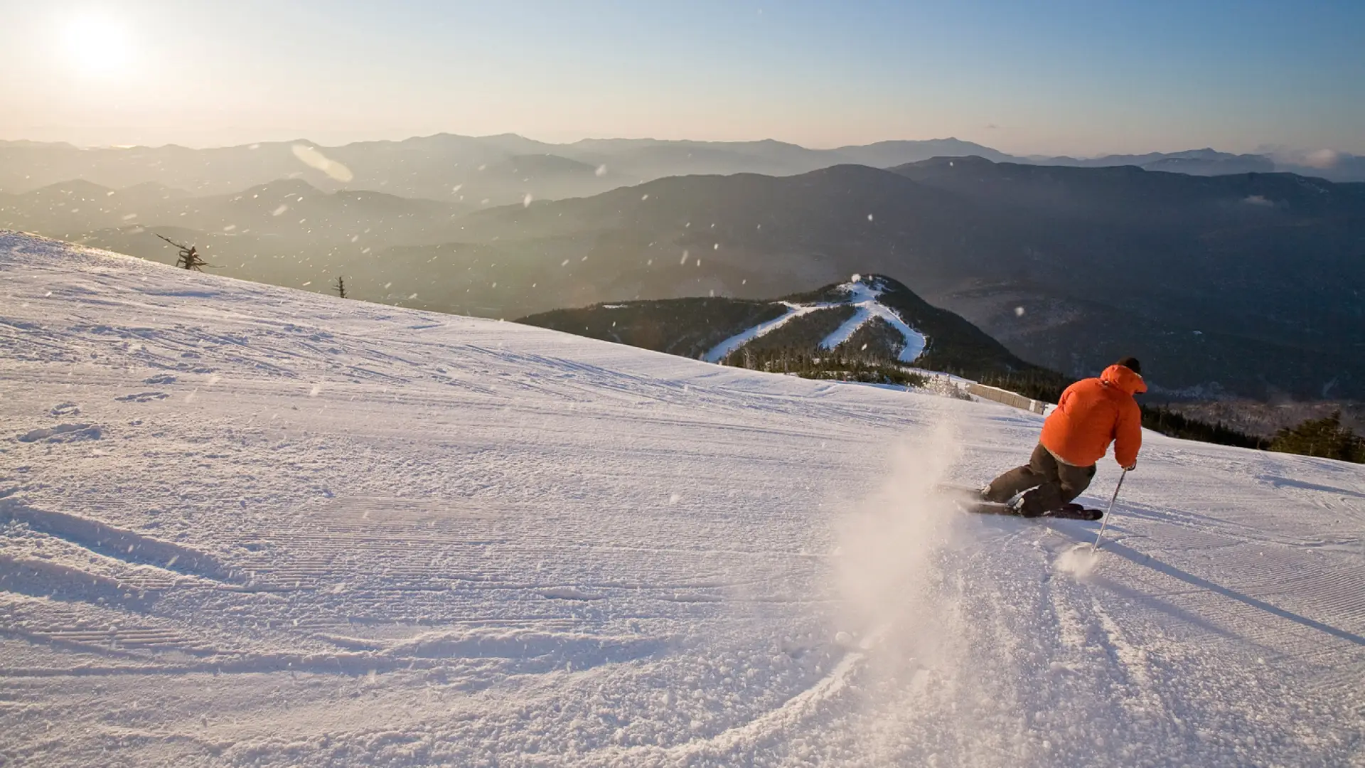A person skiing down skyward at Whiteface Mountain.