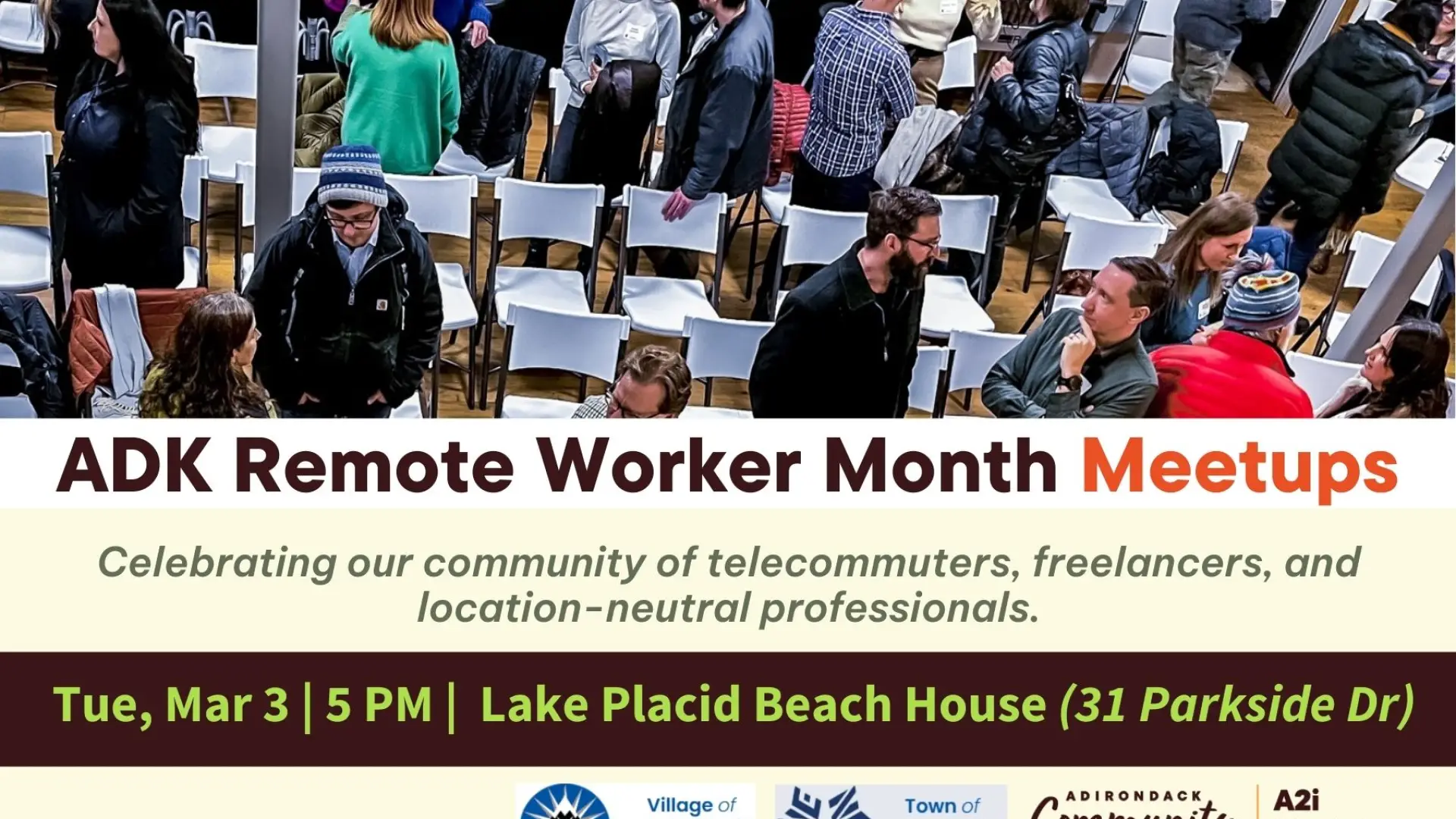 Image of people mingling in a room with chairs and details for remote worker meet up event on tan and brown background