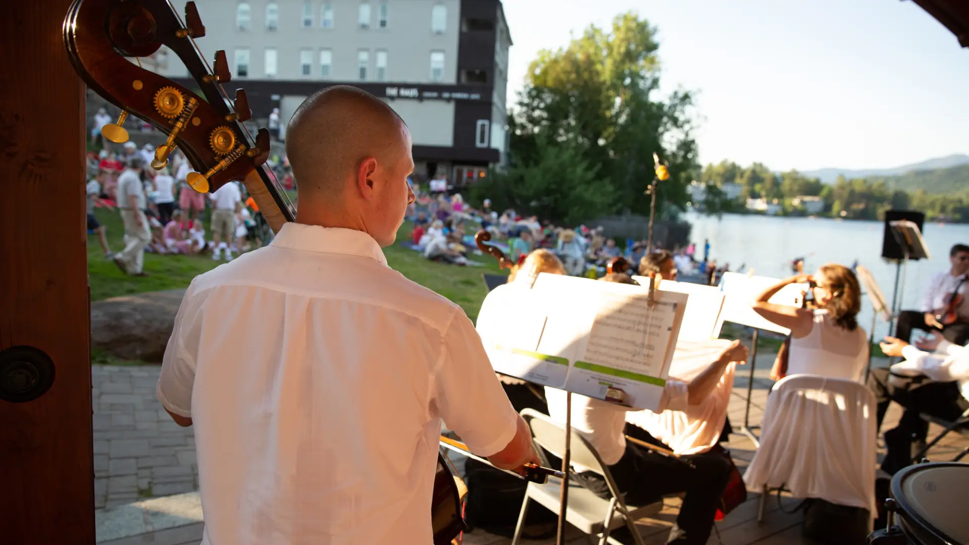 Man seen from behind playing stand-up bass in outdoor music venue