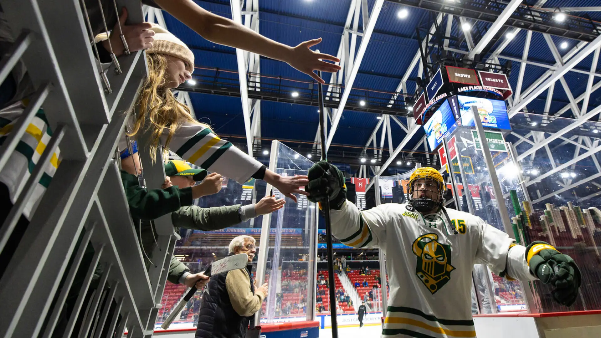 The image shows an indoor ice hockey arena filled with spectators. 