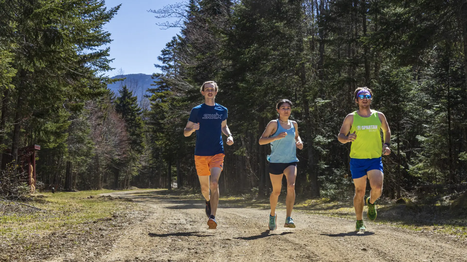 Three people jogging on a dirt path through the ski trails at mt van hoevenberg in the summer.